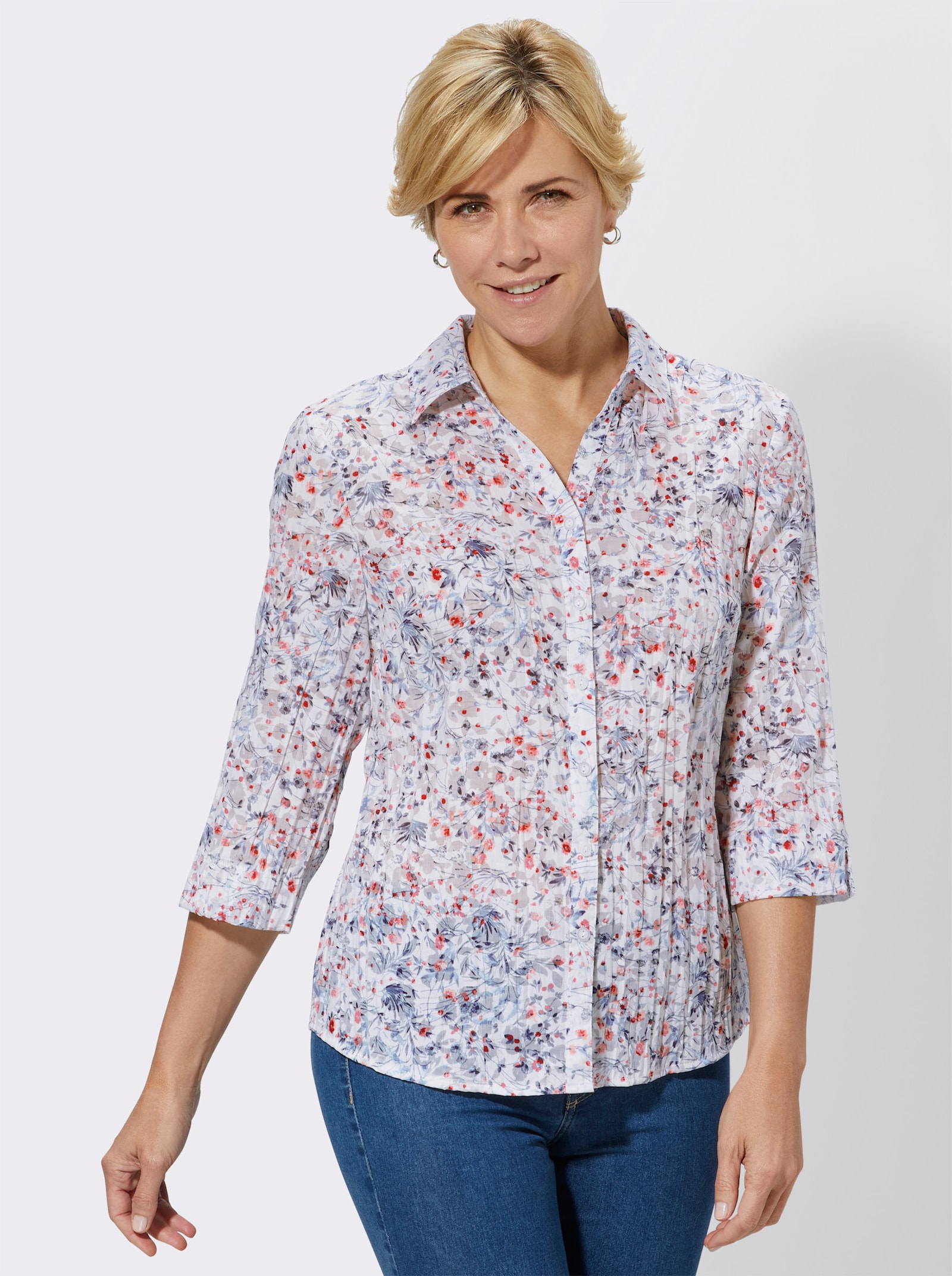 Kurzarmbluse Ausbrenner-Qualität, teils transparent - rot-gemustert