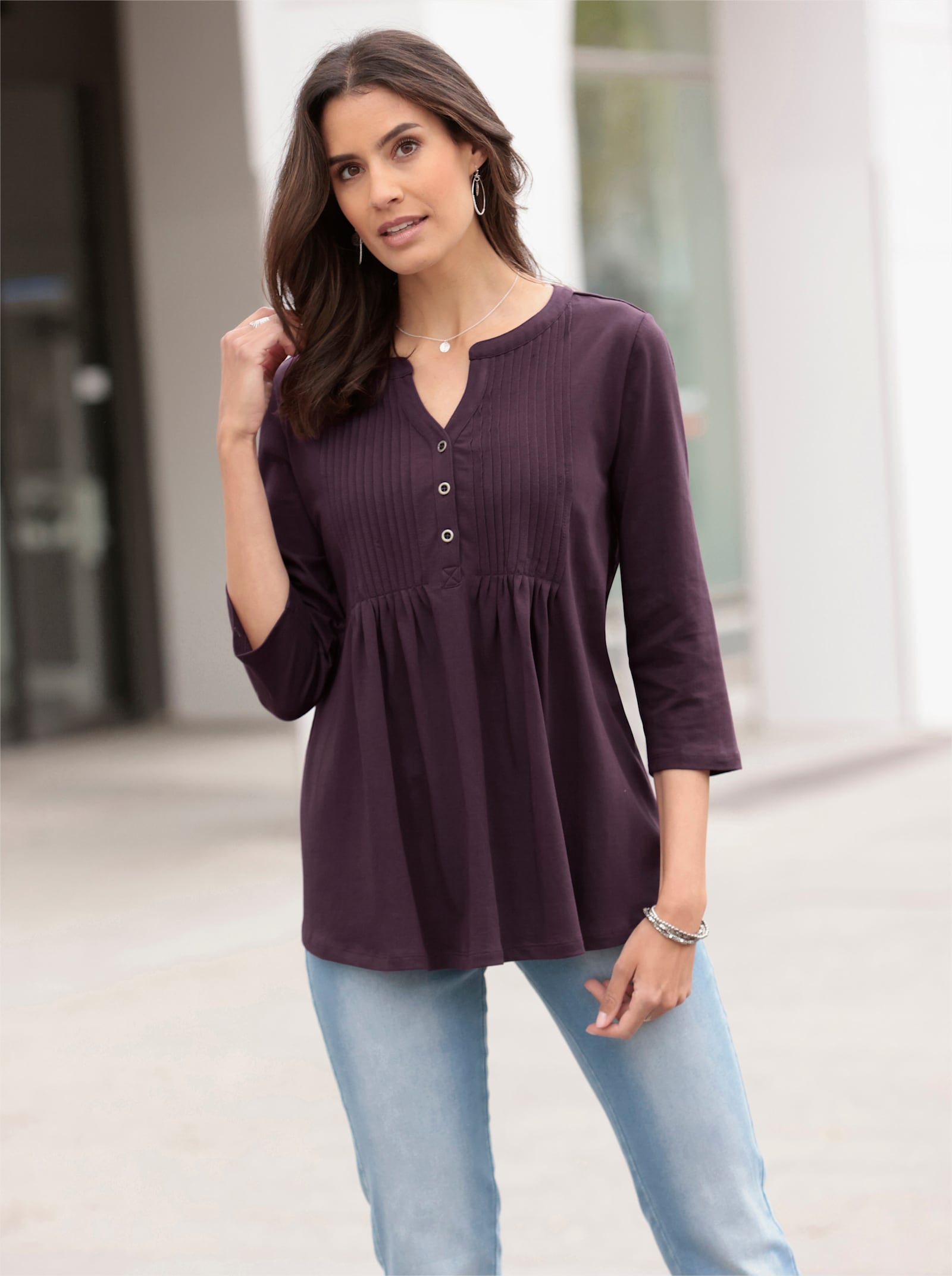 Shirt met 3/4-mouwen en doorgestikte biezen - aubergine