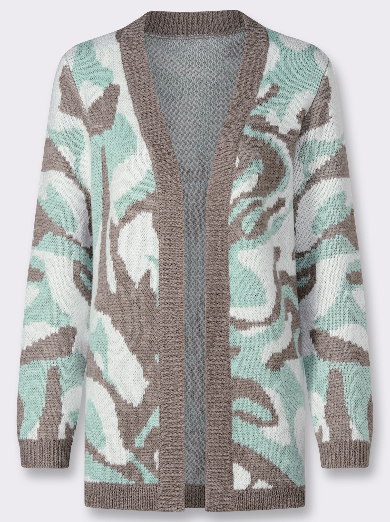 Jacquardstrickjacke in offener Form - kalkmint-taupe-gemustert
