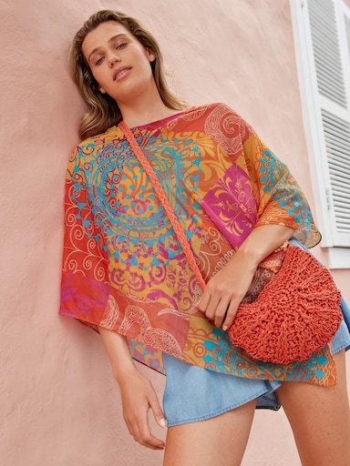 Blusenponcho - apricot-aqua-bedruckt