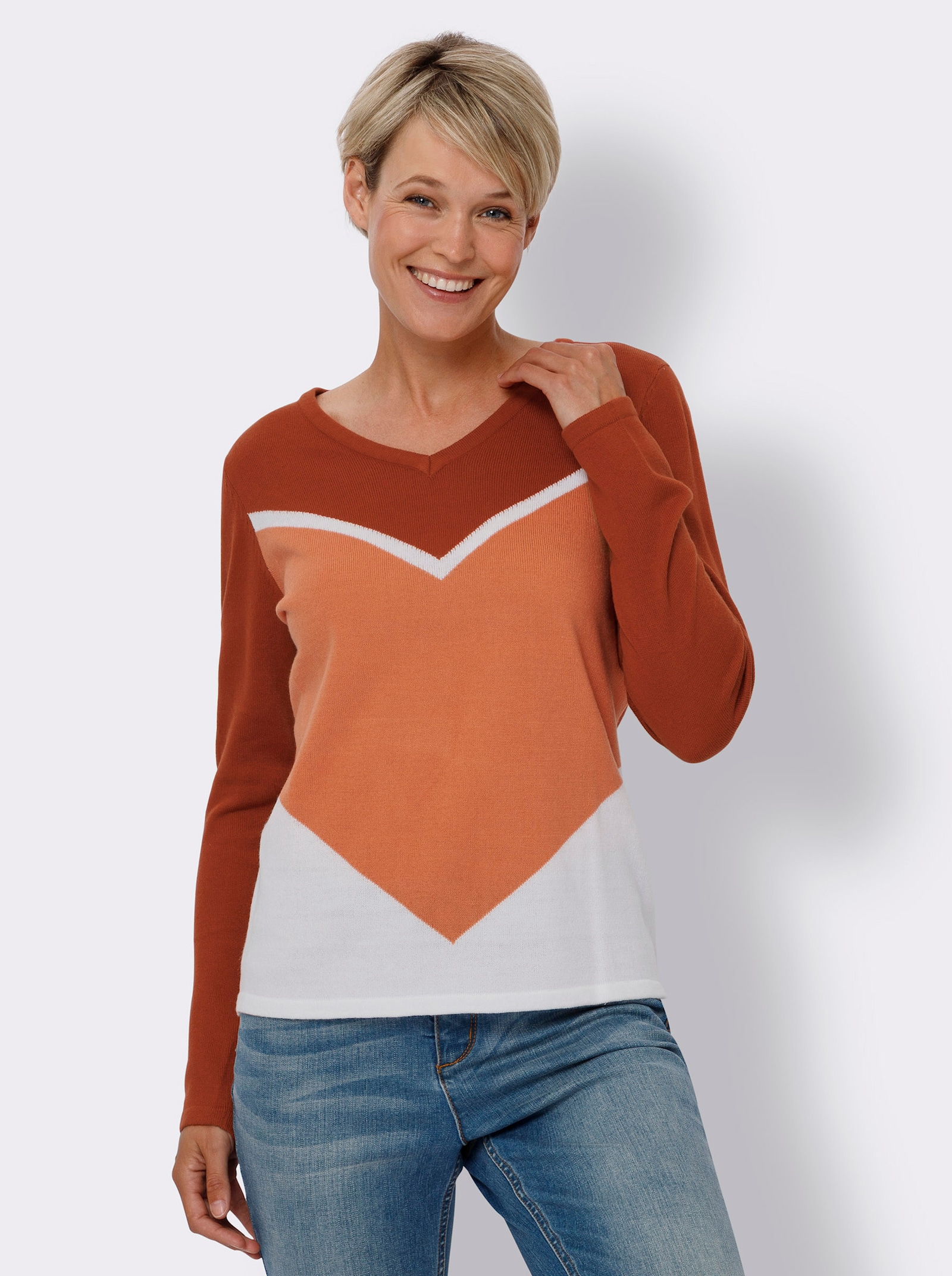 Langarm-Pullover im Blockstreifen-Muster - rostrot-ecru-gemustert