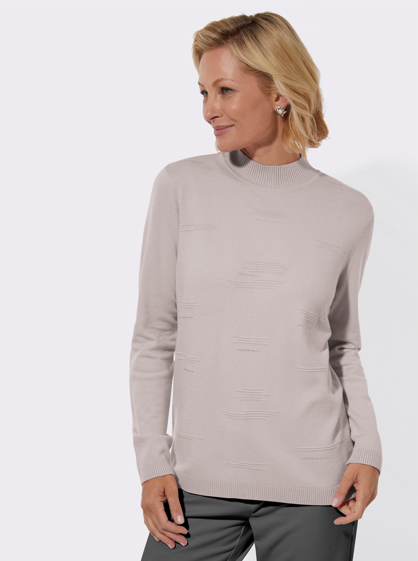 Stehkragenpullover mit Rippmuster und Glitzersteinchen - hellgrau