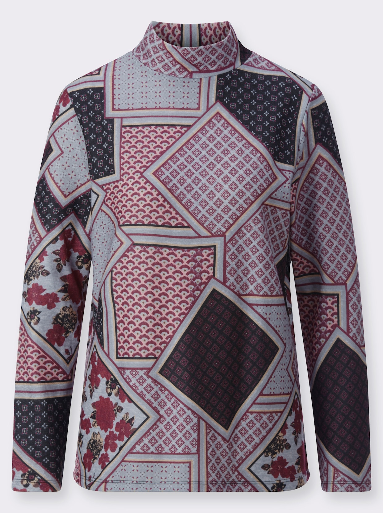 Shirt met opstaande kraag - bordeaux/steengrijs bedrukt