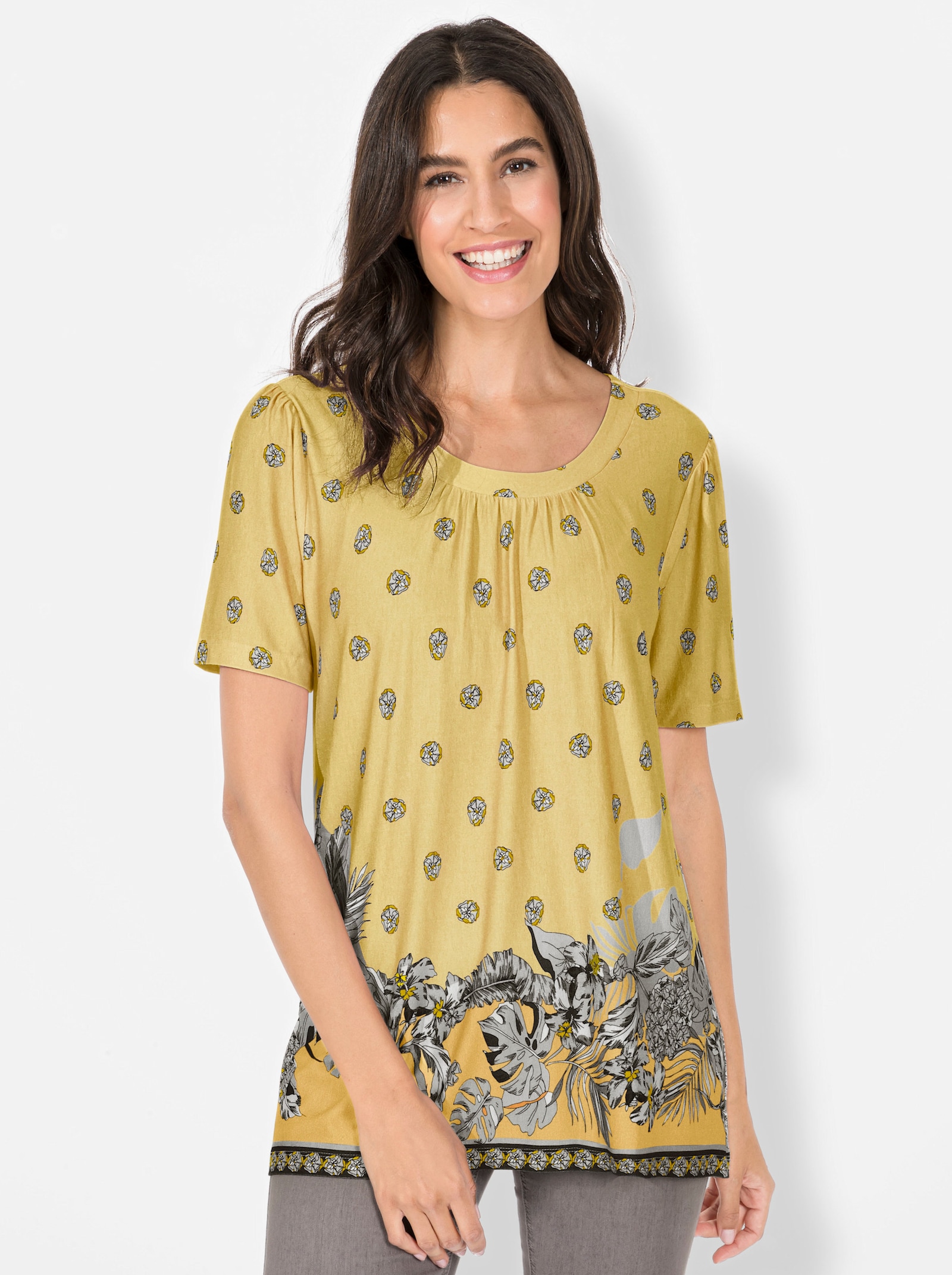 Tuniekshirt met rimpeling bij de hals - citroen bedrukt