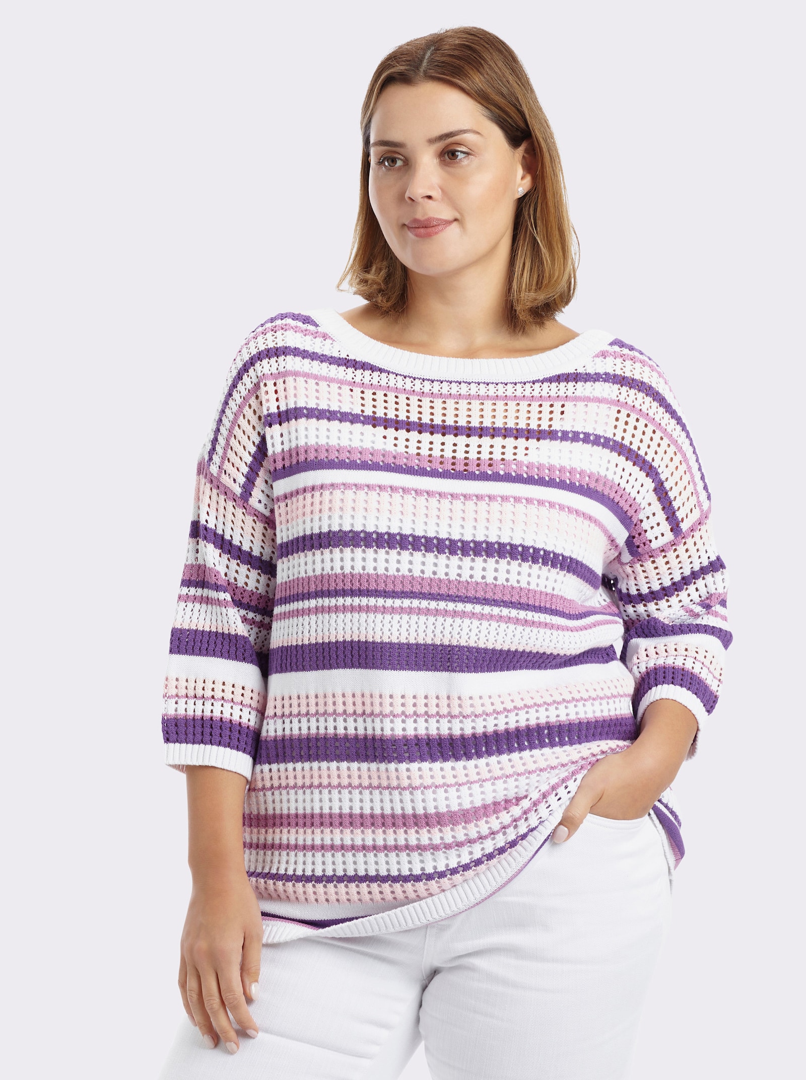 sheego 3/4 Arm-Pullover im Ajour-Strick - orchidee-weiss-geringelt