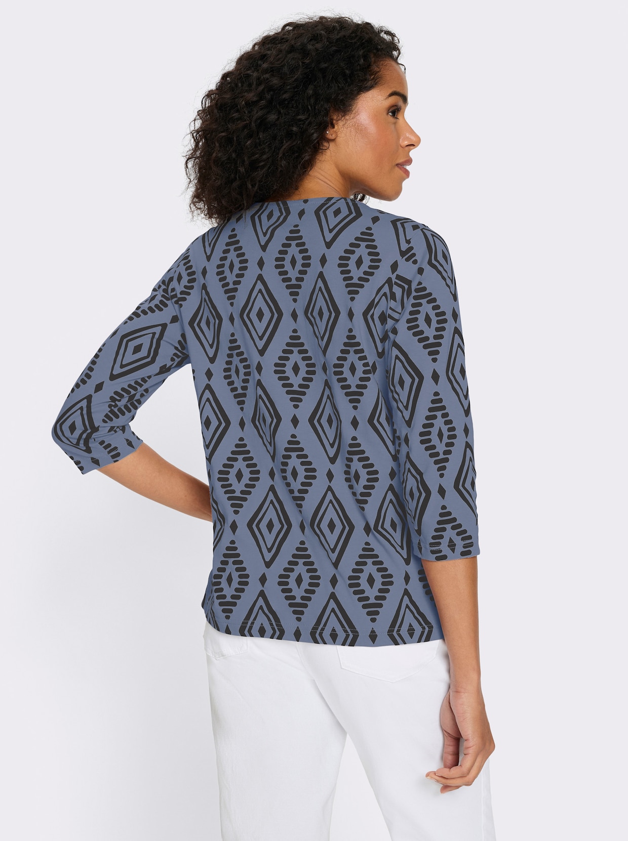 3/4-Arm-Shirt aus reiner Baumwolle, bedruckt - taubenblau-schwarz-bedruckt