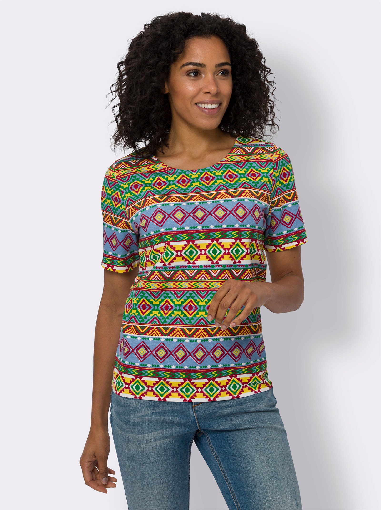 Kurzarmshirt mit Ethno-Muster, Baumwolle - erdbeere-sonnengelb-bedruckt