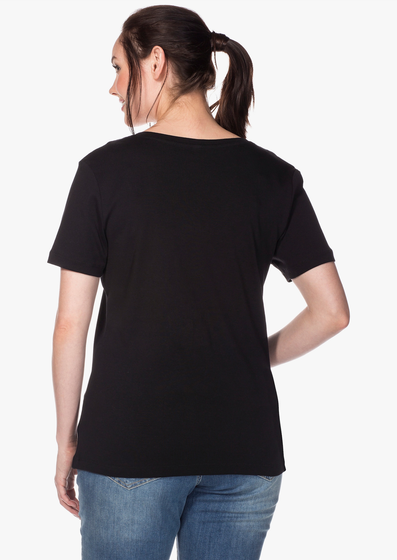 sheego T-Shirt mit V-Ausschnitt, Rippqualität - schwarz