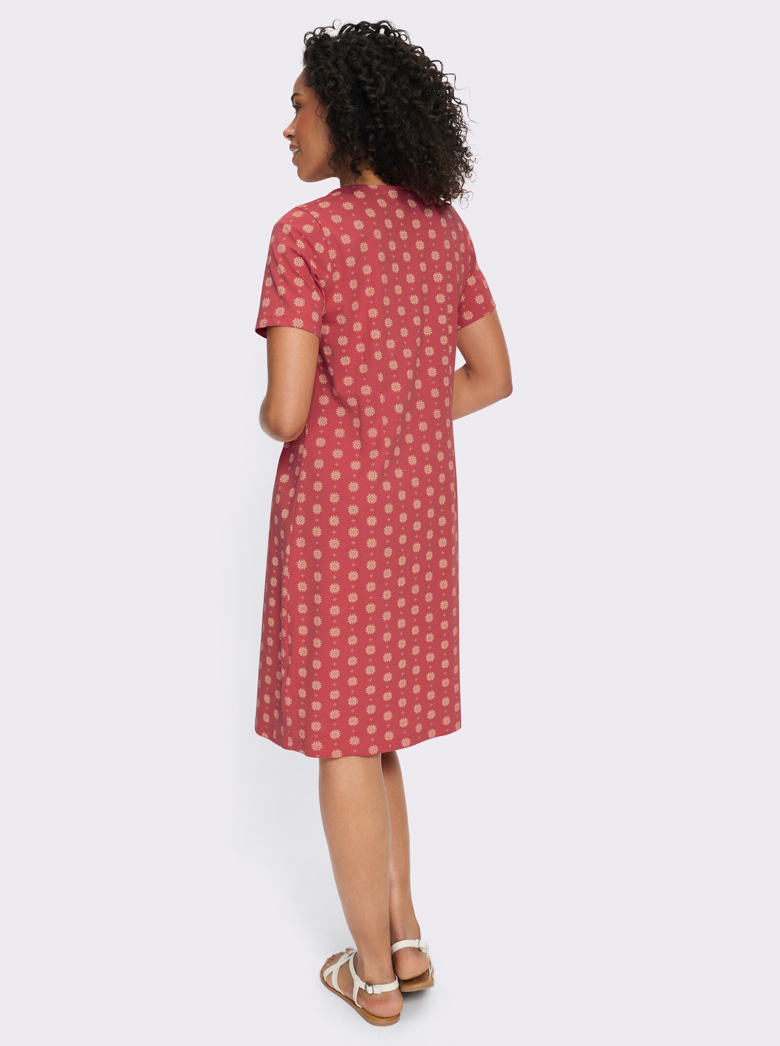 Jerseykleid mit einfarbigem Einsatz am Ausschnitt - grapefruit-magenta-bedruckt