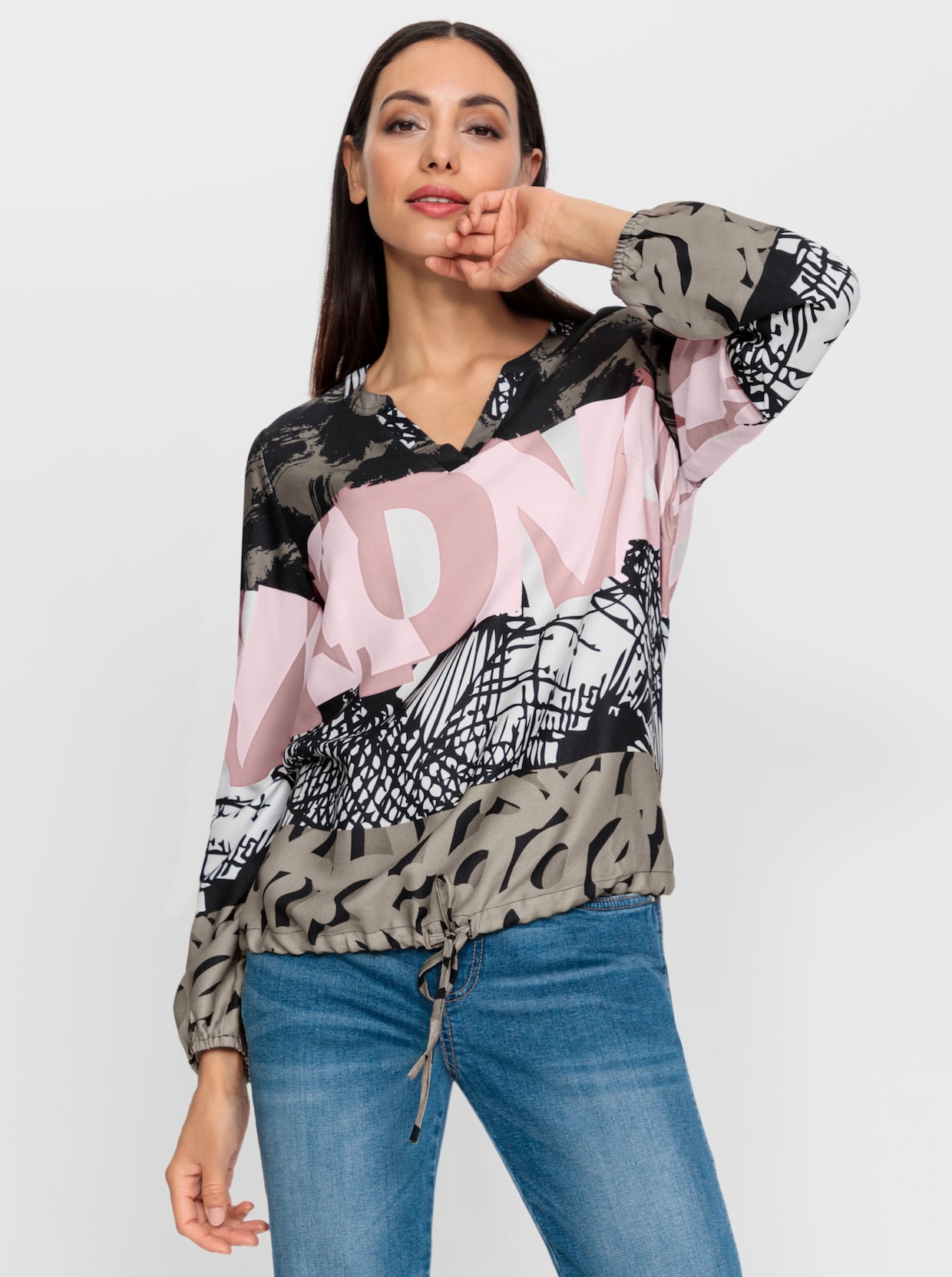heine Blouse met lange mouwen - kaki/zwart bedrukt