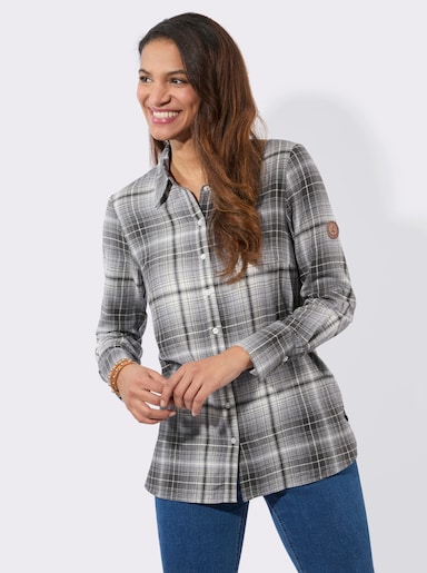 Flanellbluse mit Seitenschlitzen - graphit-steingrau-kariert