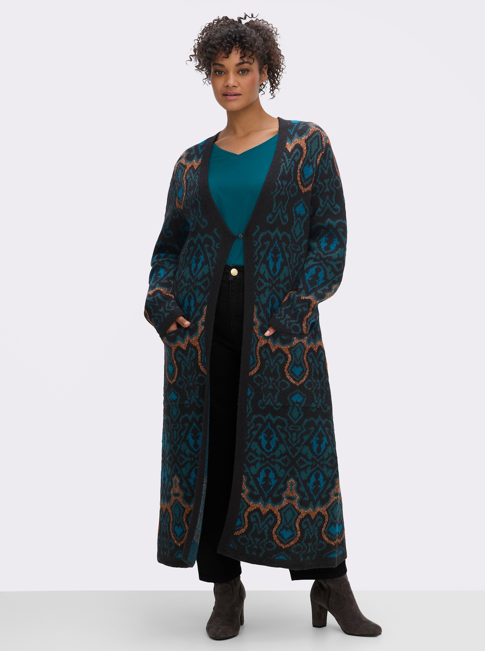 sheego Strickmantel mit Jacquard-Muster - petrol-jade-gemustert