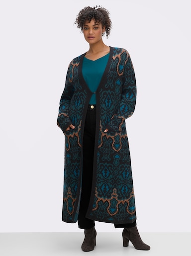 sheego Strickmantel mit Jacquard-Muster - petrol-jade-gemustert