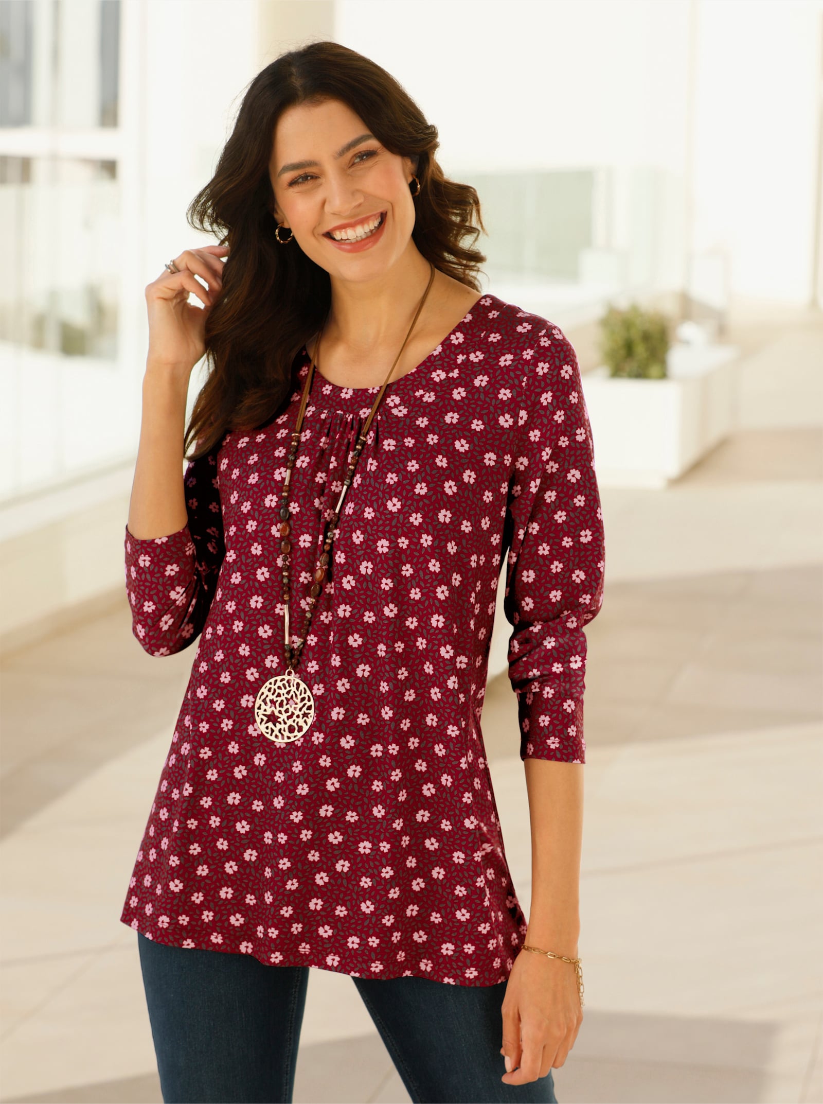 Tunikashirt in A-Form - dunkelrot-rosenquarz-bedruckt