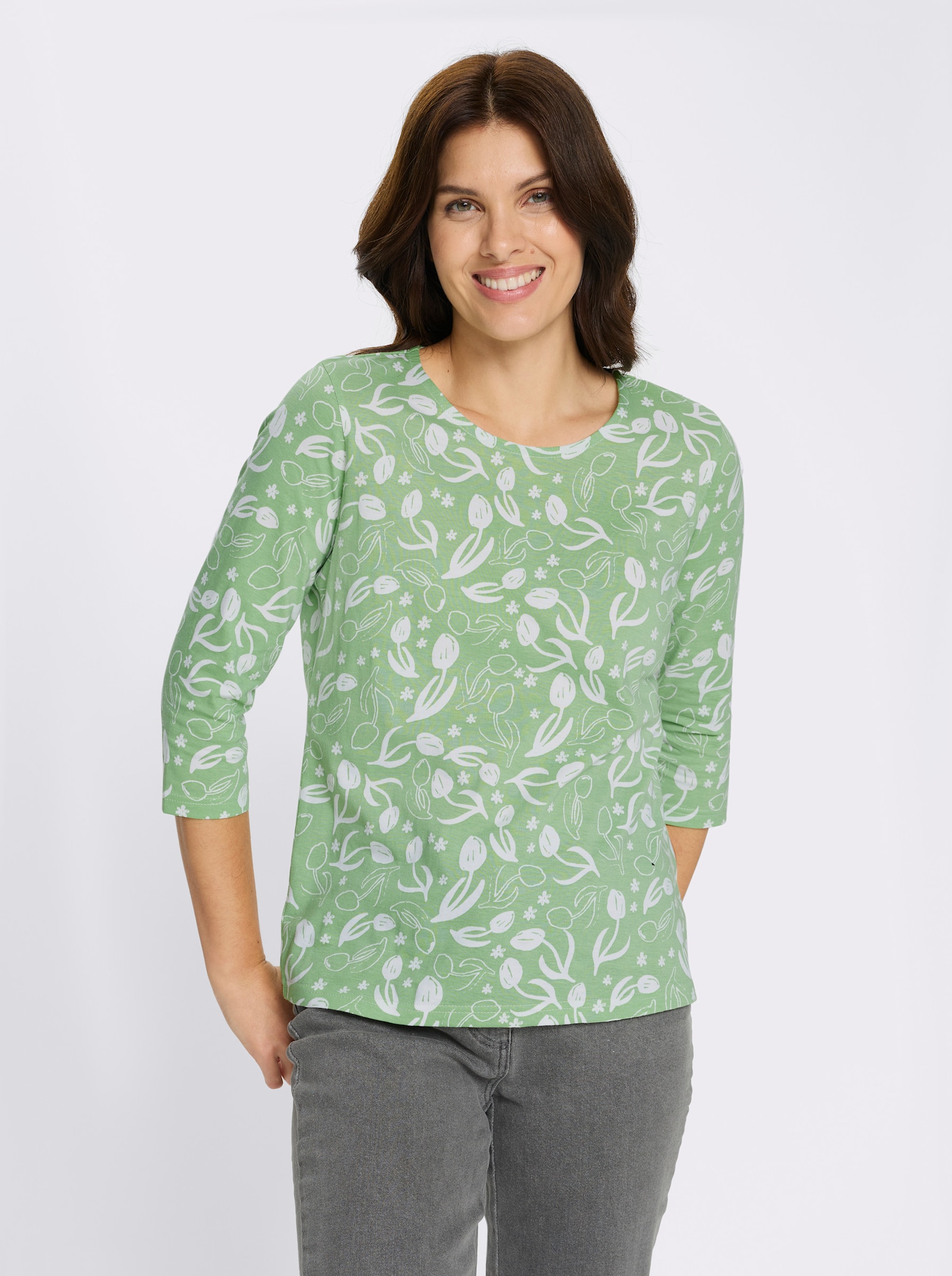 Shirt met 3/4-mouwen met bloemenprint, katoen - reseda/wit bedrukt