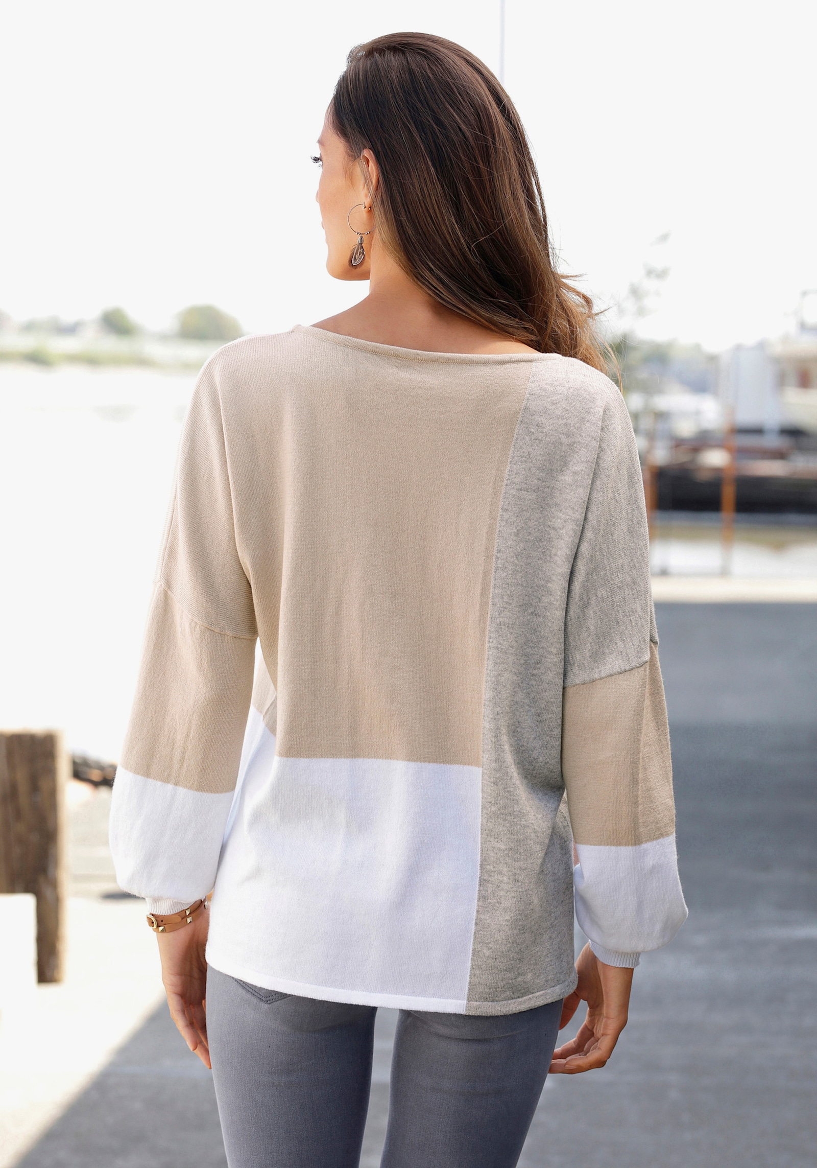 LASCANA Rundhalspullover - grau-meliert-creme-beige