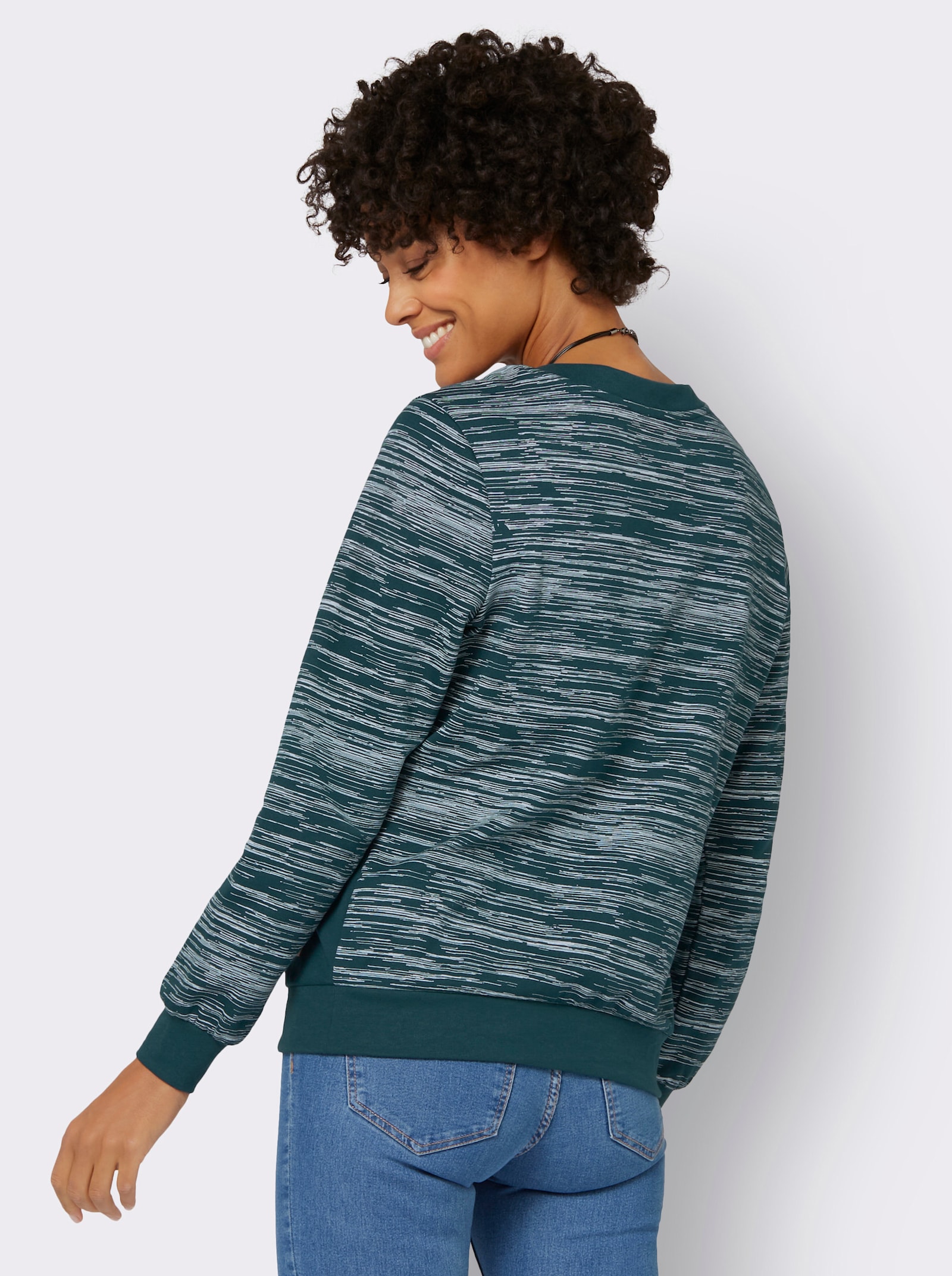 Sweatshirt met effen inzetten - petrol/ecru bedrukt