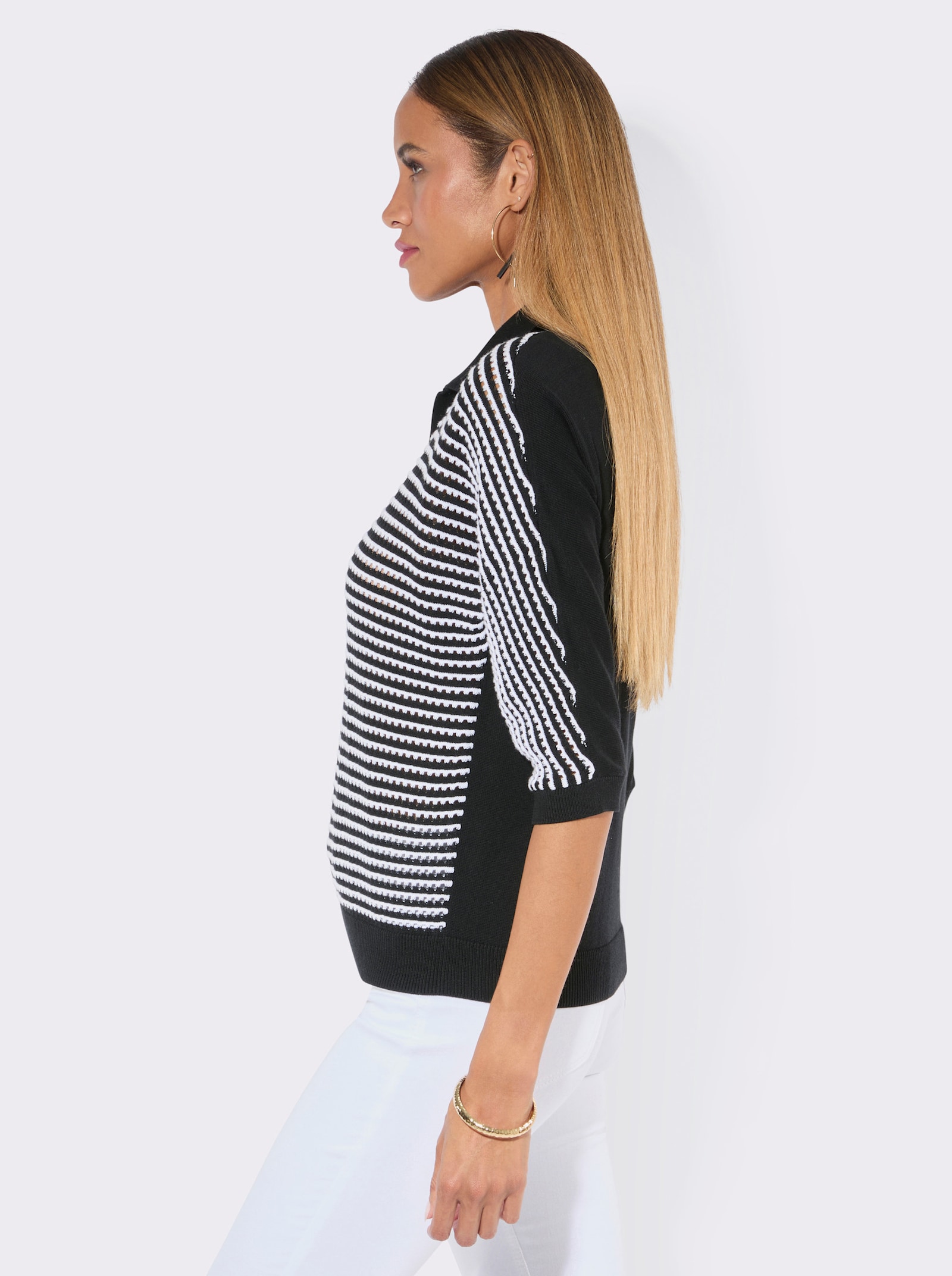 Polopullover mit Lochstickerei vorne - schwarz-weiß-gemustert
