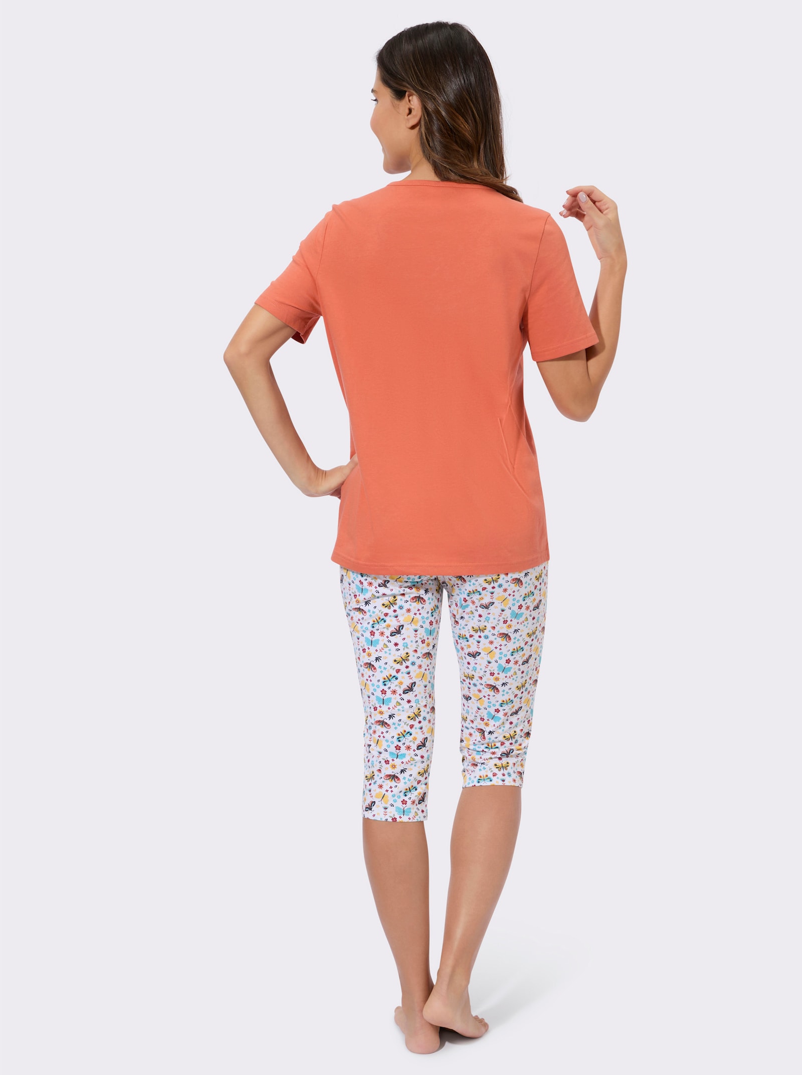 Capri-Schlafanzug mit Schmetterlings-Motive - papaya-weiß-bedruckt