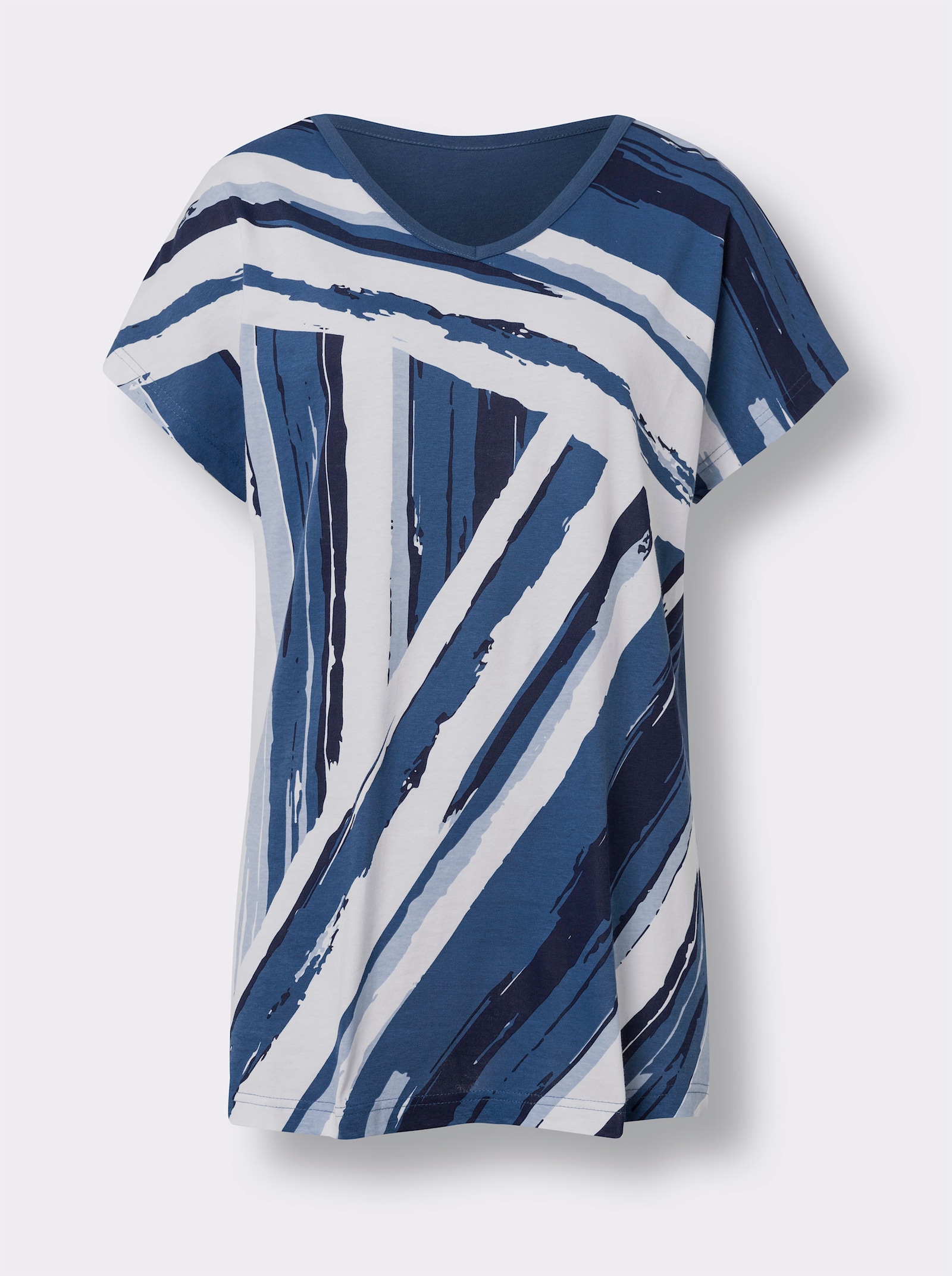 Dlouhé tričko s potiskem na předním dílu - džínová modrá-bílá