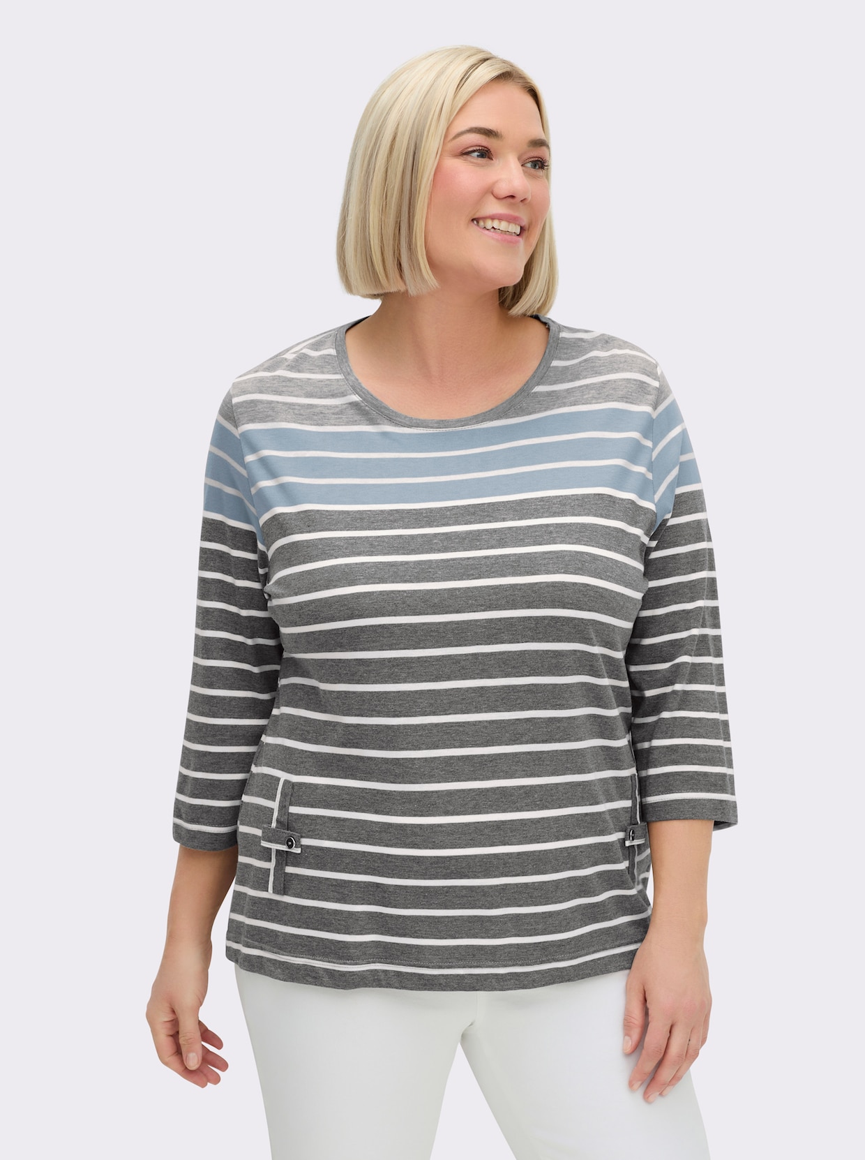 3/4-Arm-Shirt mit 2 imitierten Taschen - grau-blau-gestreift