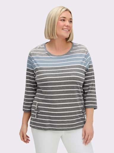 3/4-Arm-Shirt mit 2 imitierten Taschen - grau-blau-gestreift