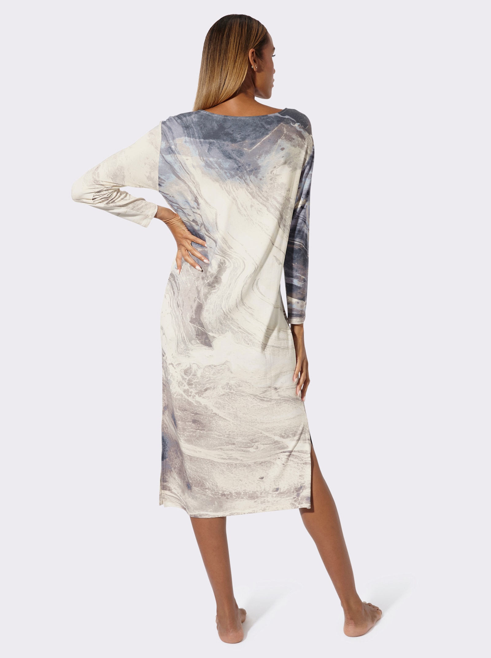 wäschepur Nachthemd mit Seitenschlitzen - champagner-rauchblau-bedruckt