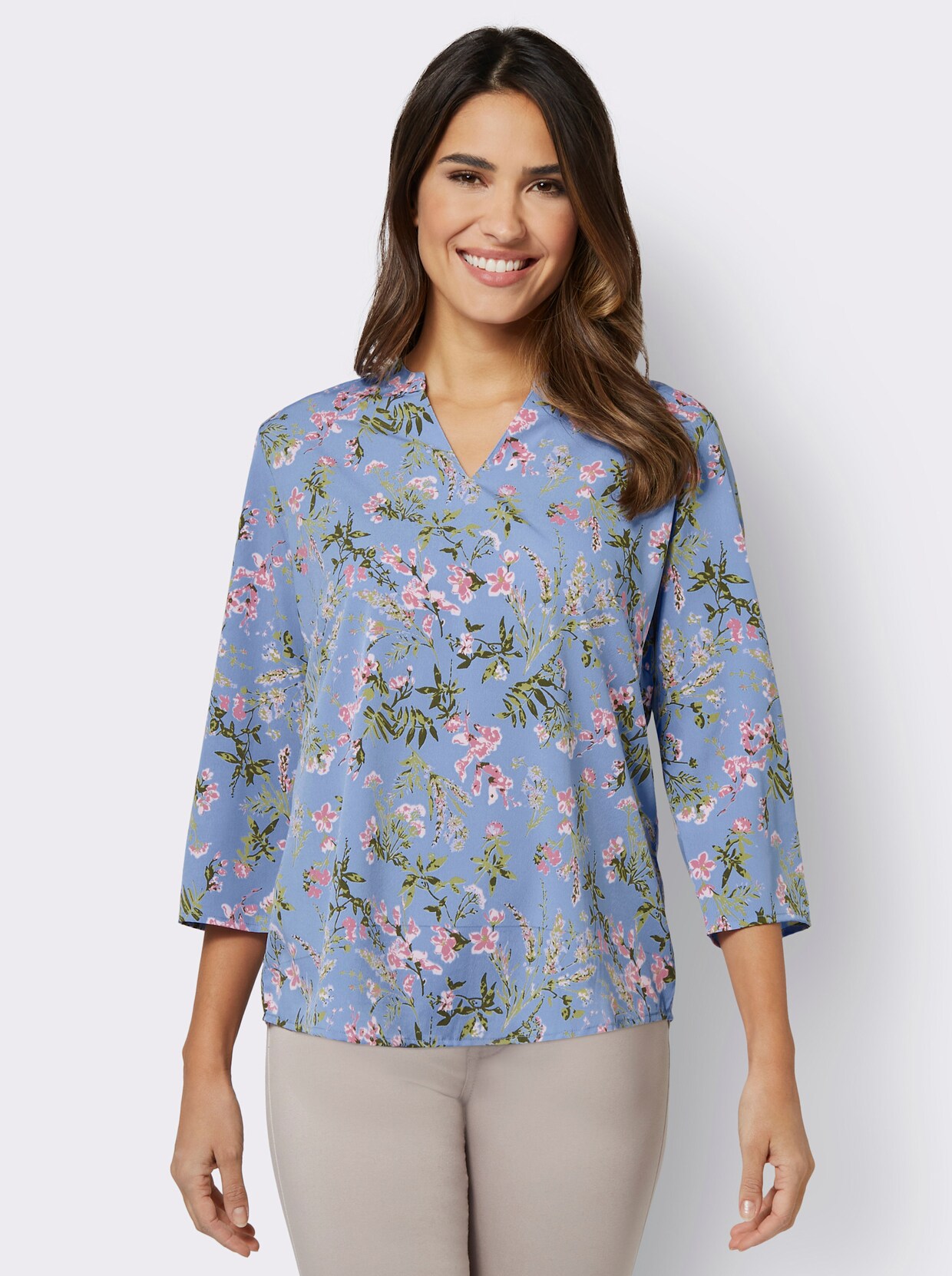 Comfortabele blouse - blauw/oudroze bedrukt
