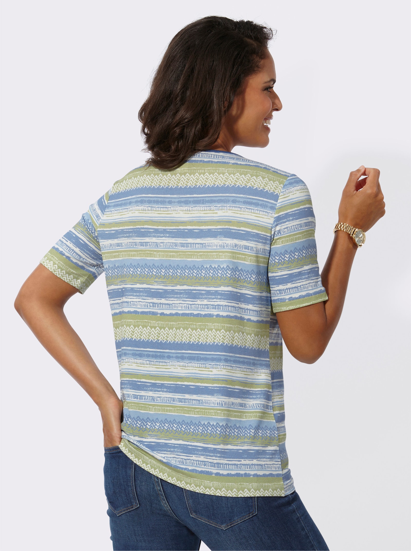 Rundhalsshirt im Druck-Dessin - jeansblau-eucalyptus-bedruckt