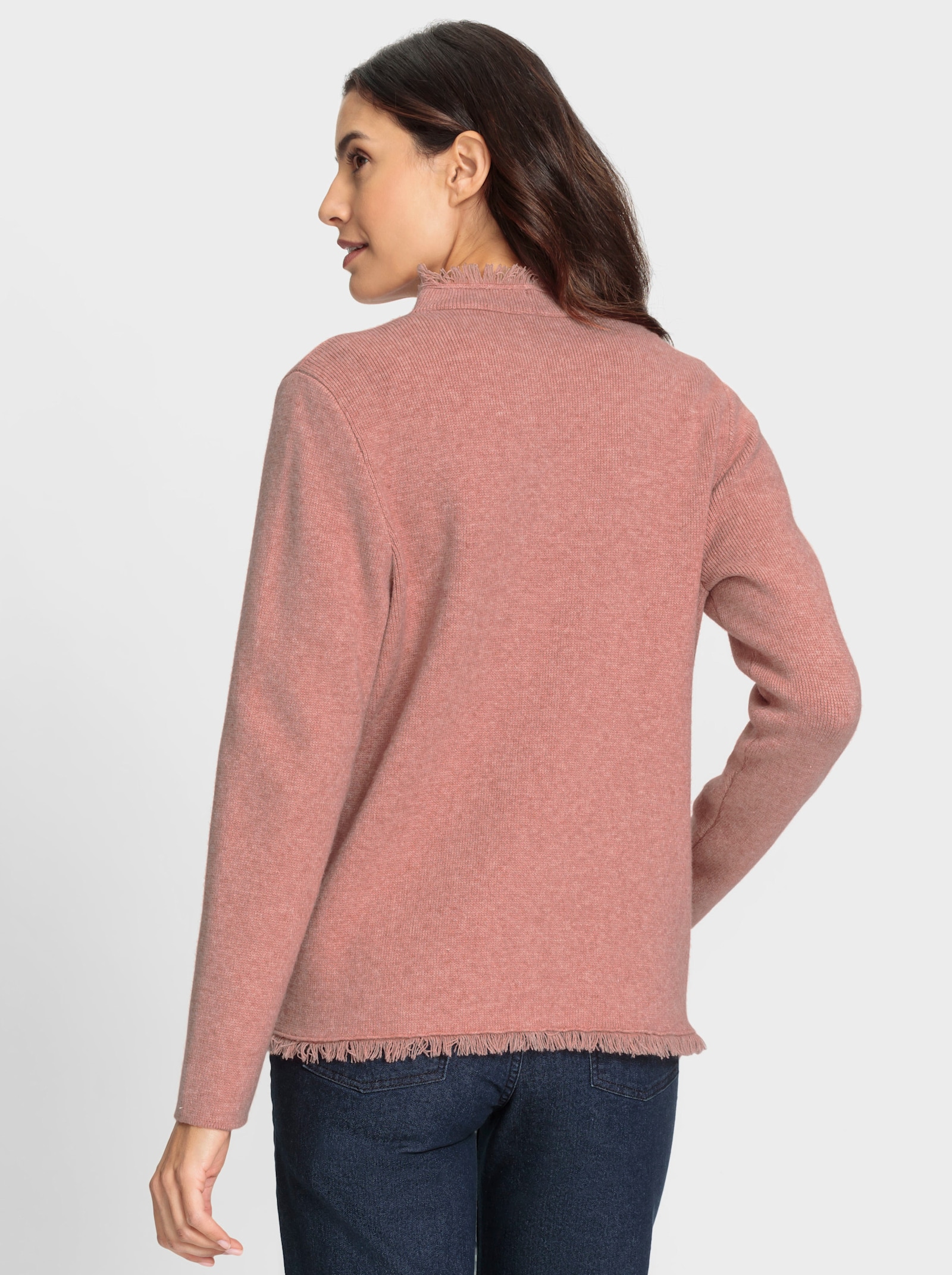 Pletený kabátek s ozdobnými třásněmi - růžové dřevo-melír