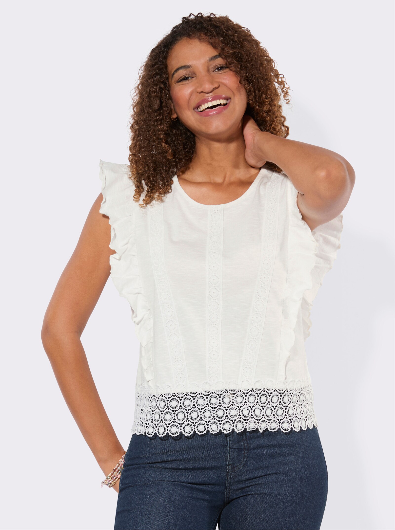 T-Shirt mit Spitzen-Einsatz - ecru
