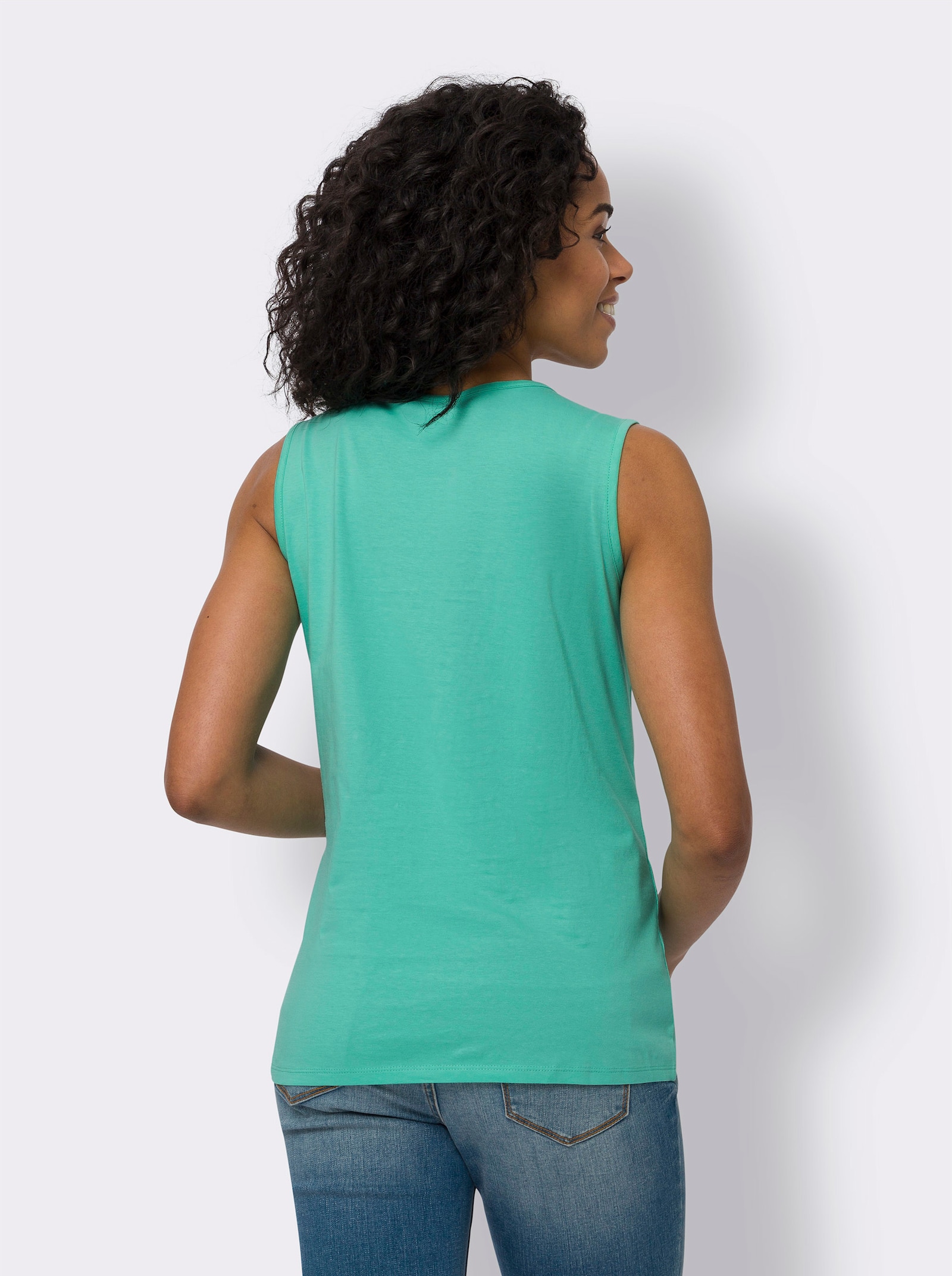 Shirttop mit platziertem Blüten-Druck - blaugrün-weiss