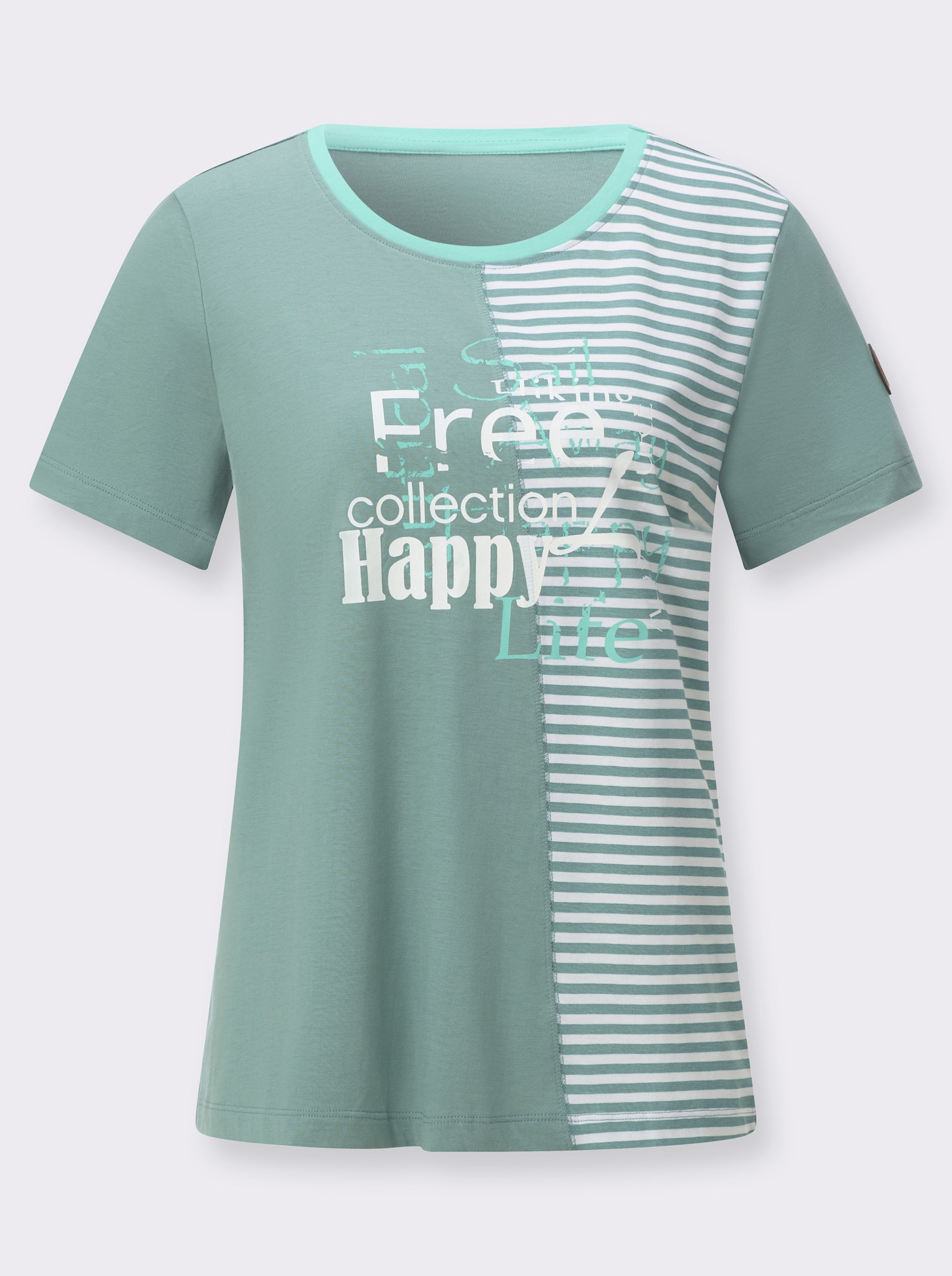 Rundhalsshirt mit Schriftzug und Streifen-Print - jade-blaugrün-bedruckt
