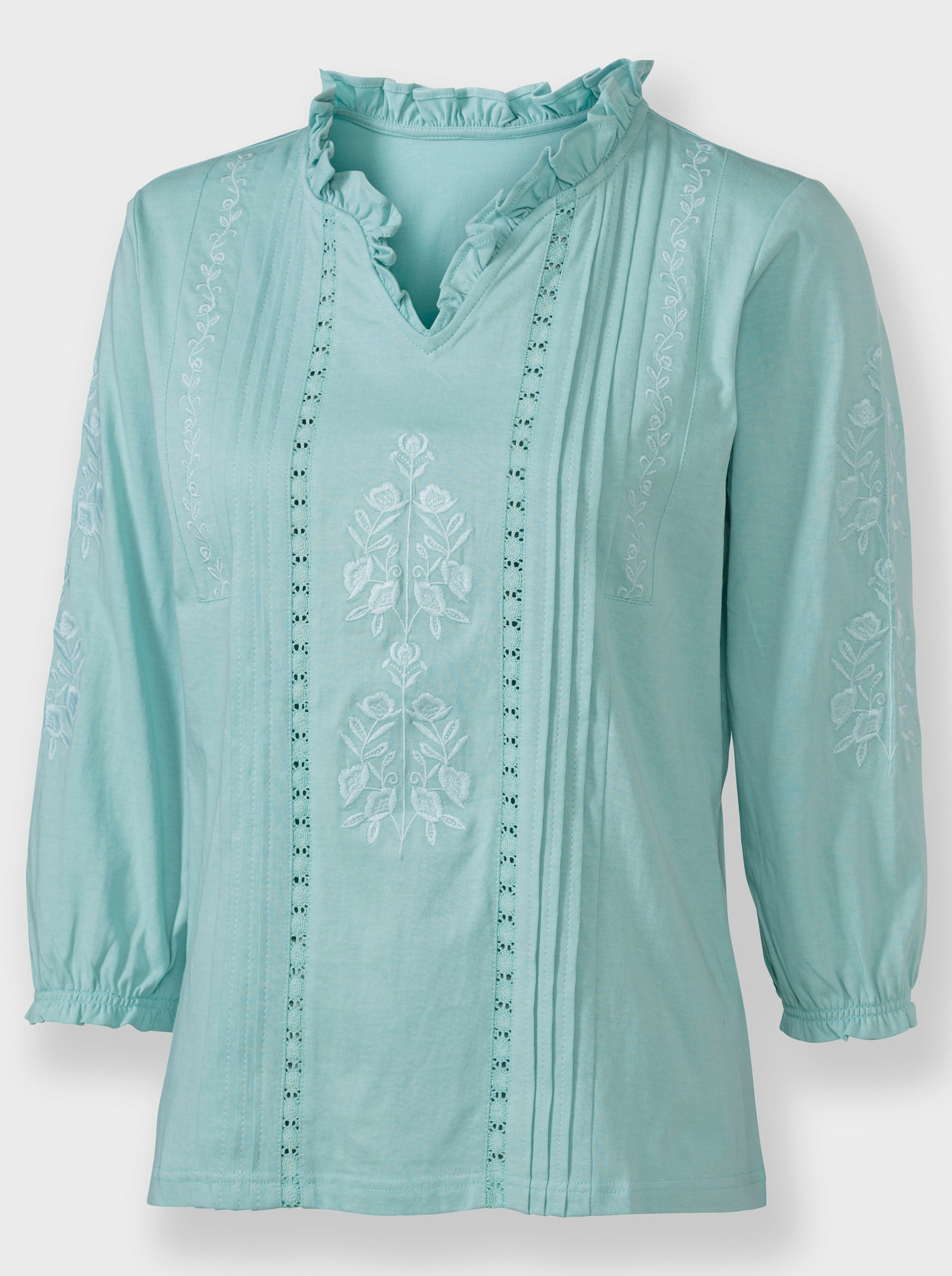 Shirt met 3/4-mouwen en ruches bij de hals - mint