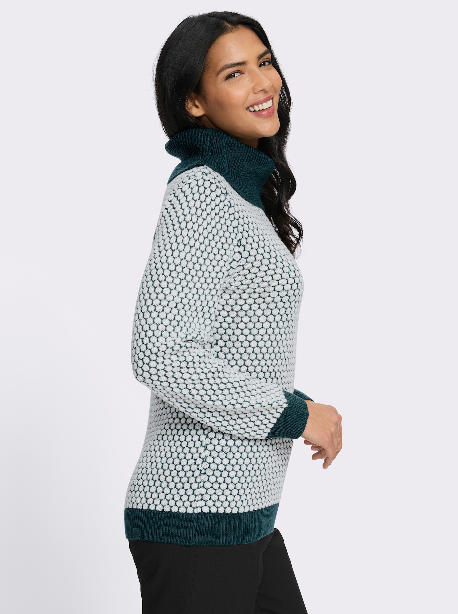 Rollkragenpullover mit Strukturmuster - petrol-ecru-gemustert