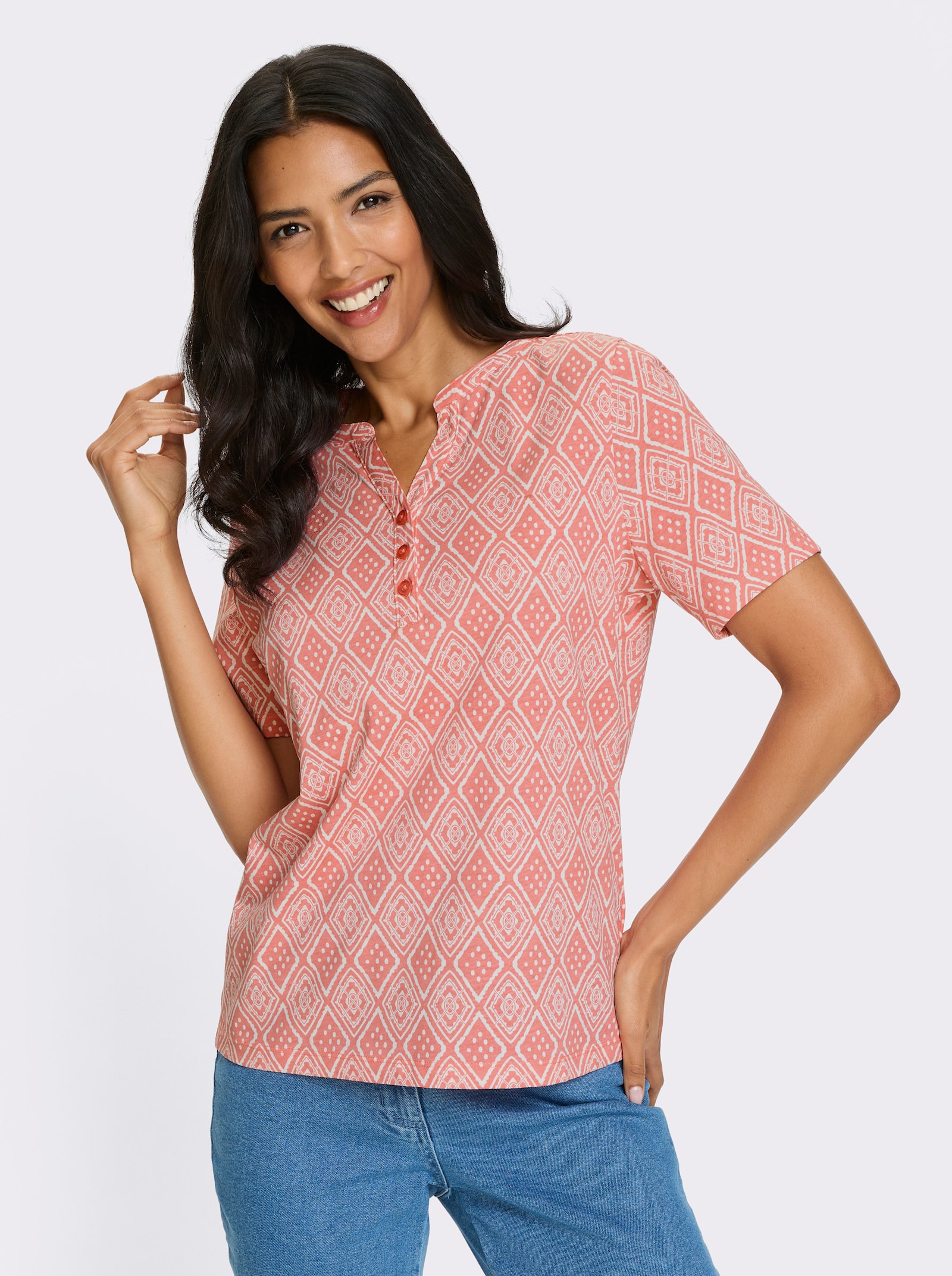 Kurzarmshirt mit Ethno-Druck - flamingo-ecru-bedruckt