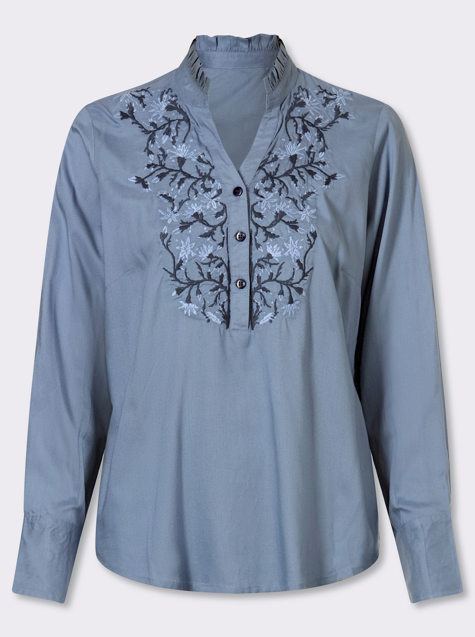 Schlupfbluse mit Stickereien - taubenblau-bleu-gemustert