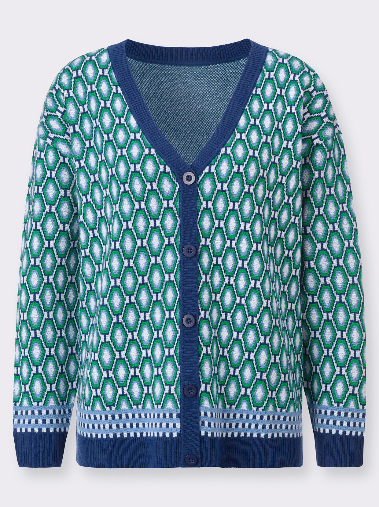 Jacquardstrickjacke - royalblau-grasgrün-gemustert