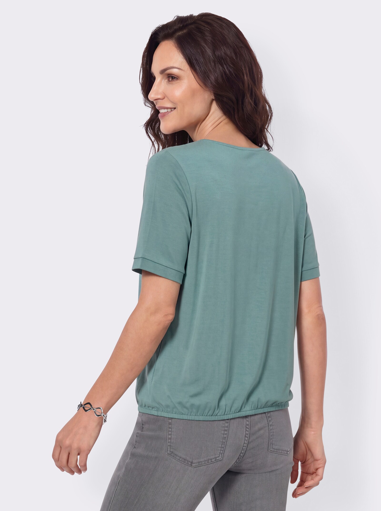 Kurzarmshirt mit Gummizug am Saum - jade
