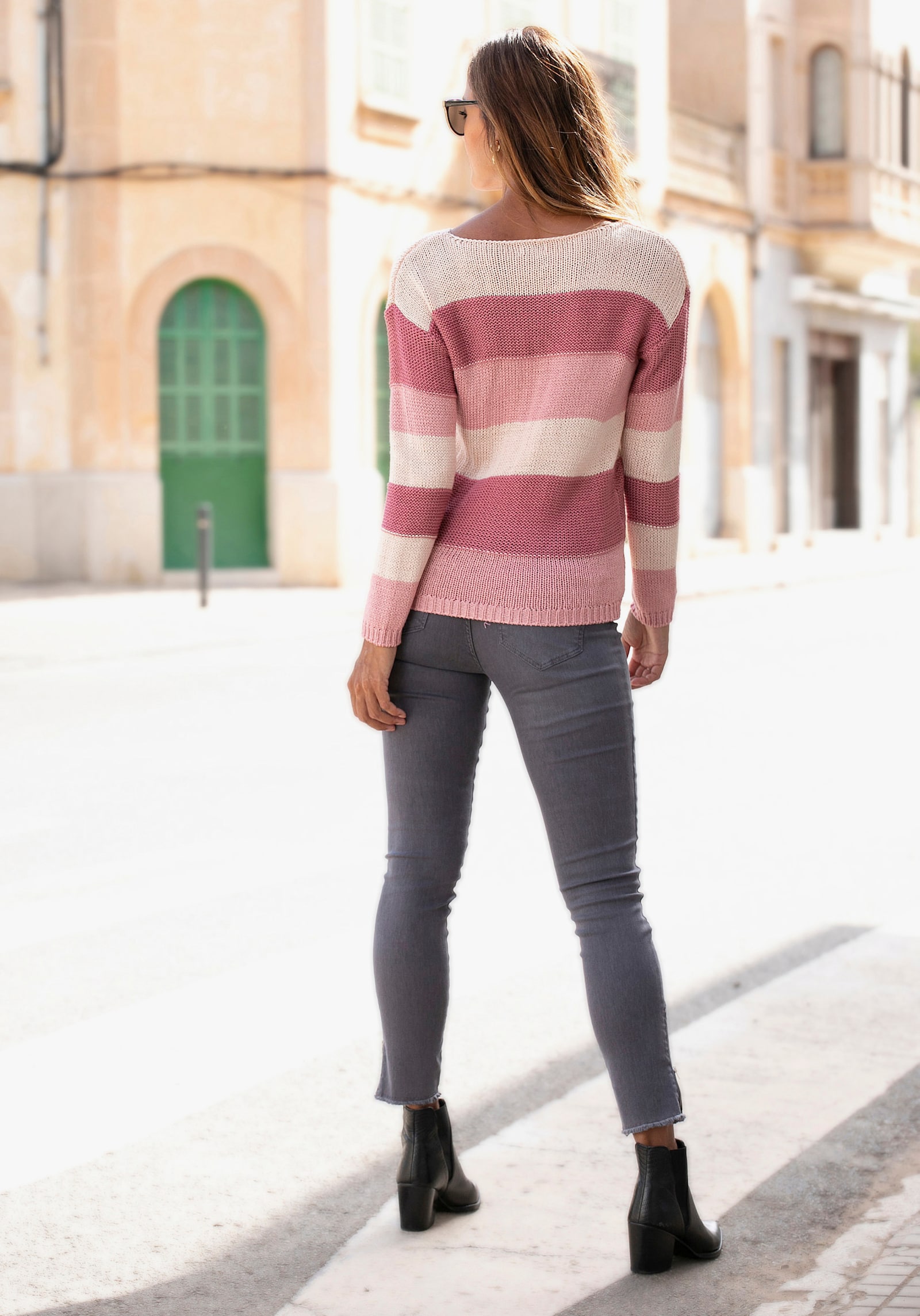 LASCANA Gestreepte pullover - lichtroze/bordeaux/zalm