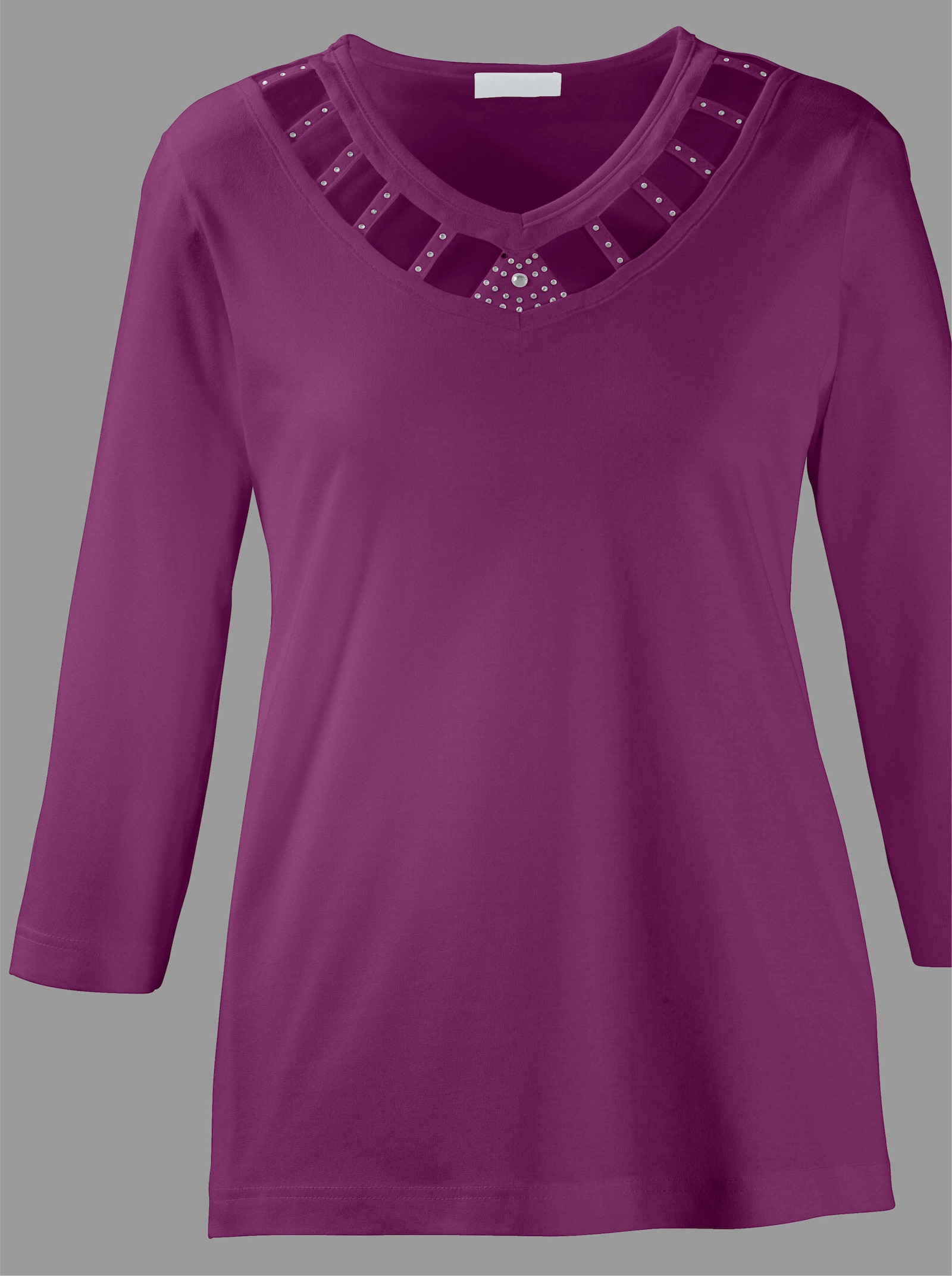 Shirt met 3/4-mouwen en glittersteentjes bij de hals - fuchsia
