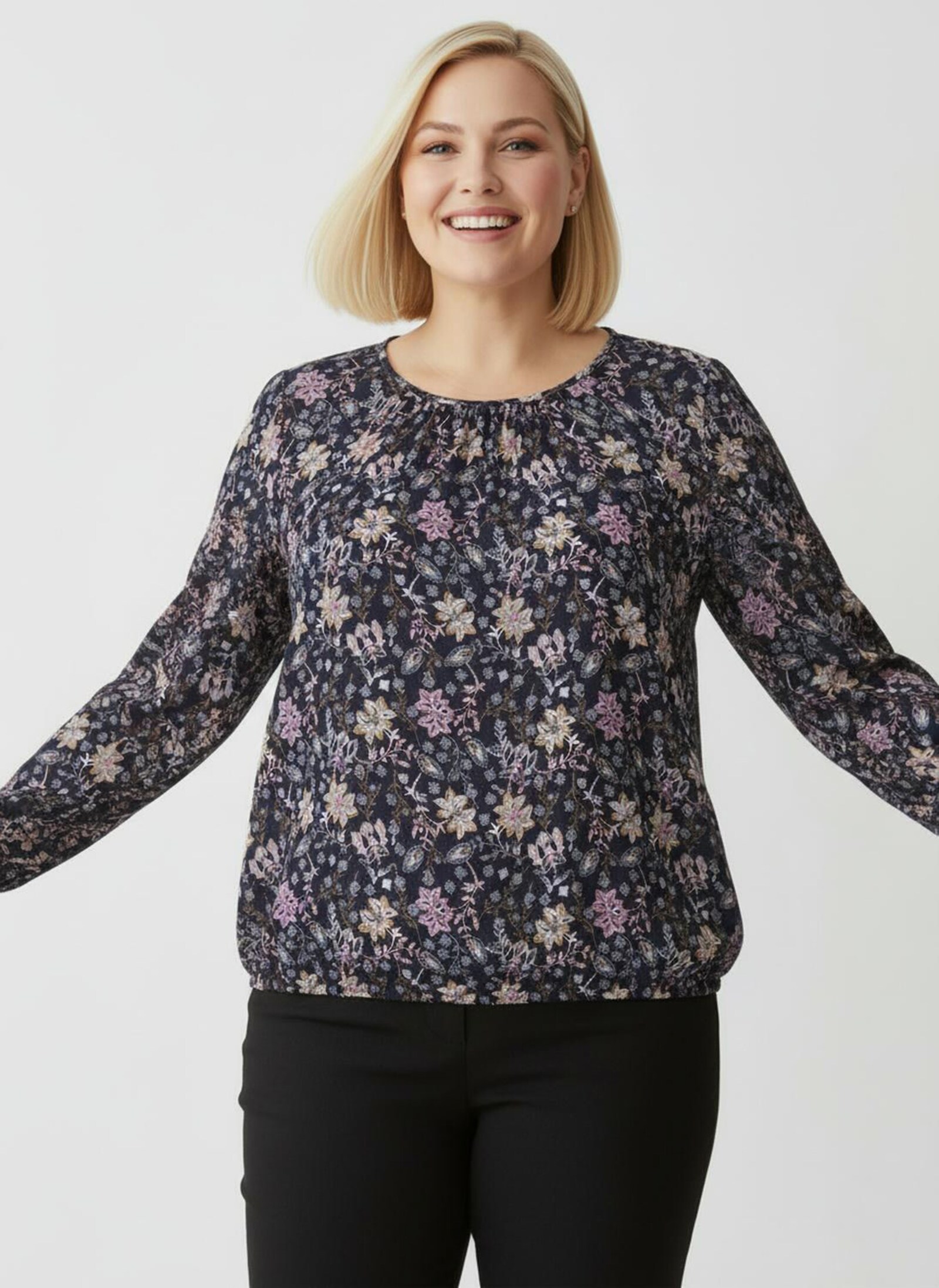 Schlupfbluse in Blüten-Dessin - marine-rosenquarz-bedruckt
