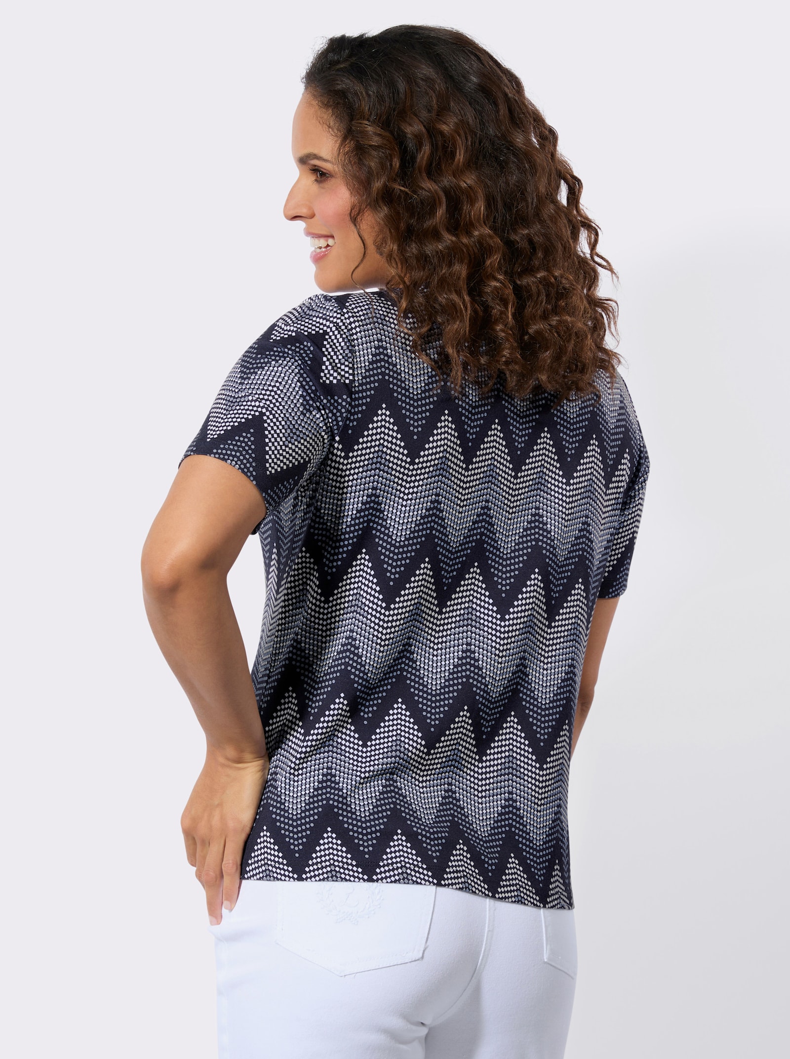 Kurzarmshirt mit hochwertiger Viskose - weiß-marine-bedruckt