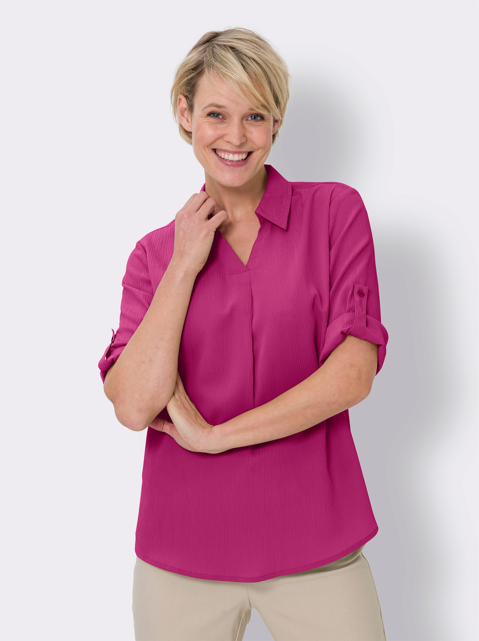 Strijkvrije crêpeblouse met opstroopbare mouwen - fuchsia