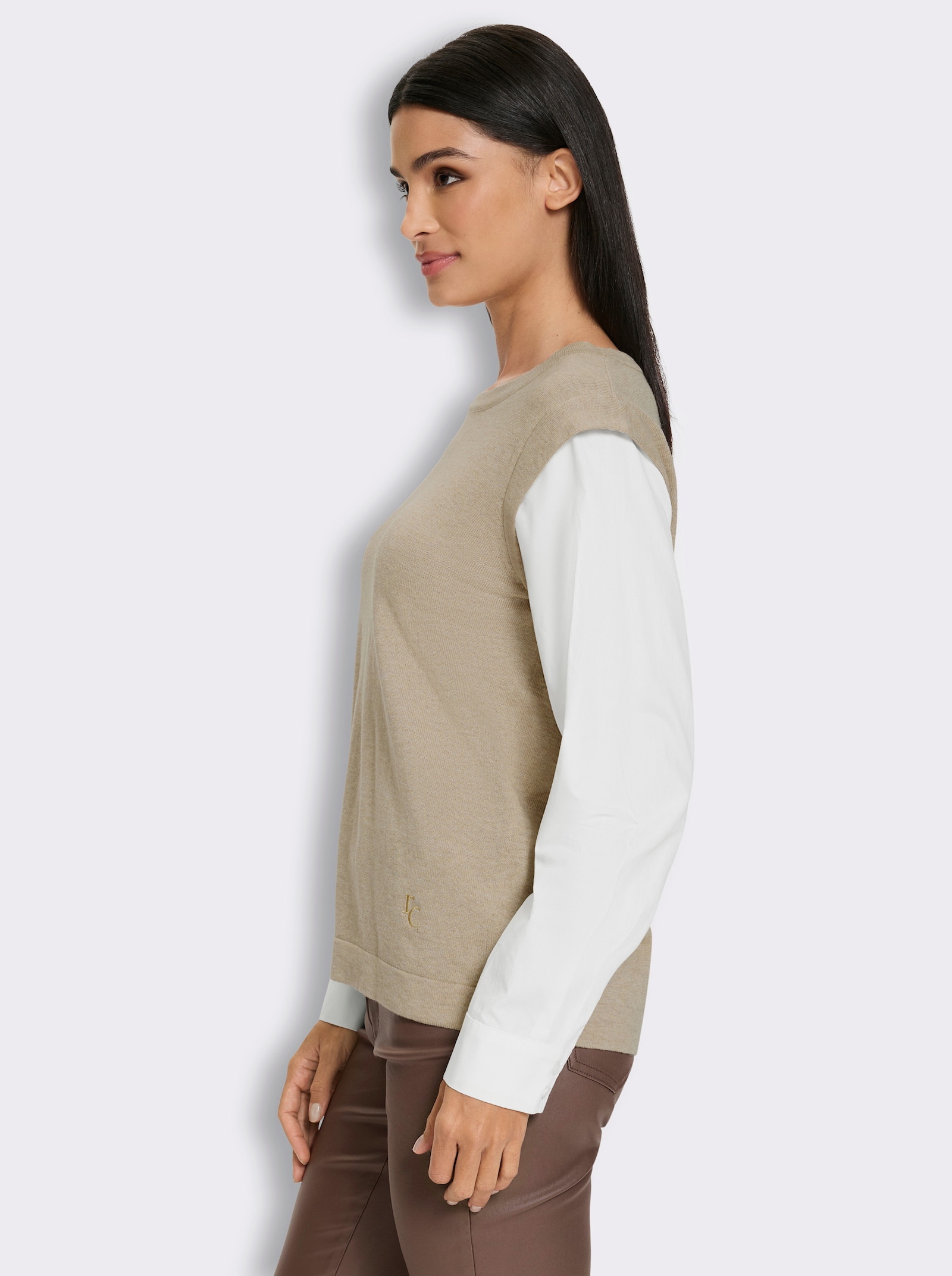 heine Langarm-Pullover mit Logo-Stickerei - beige-ecru-meliert