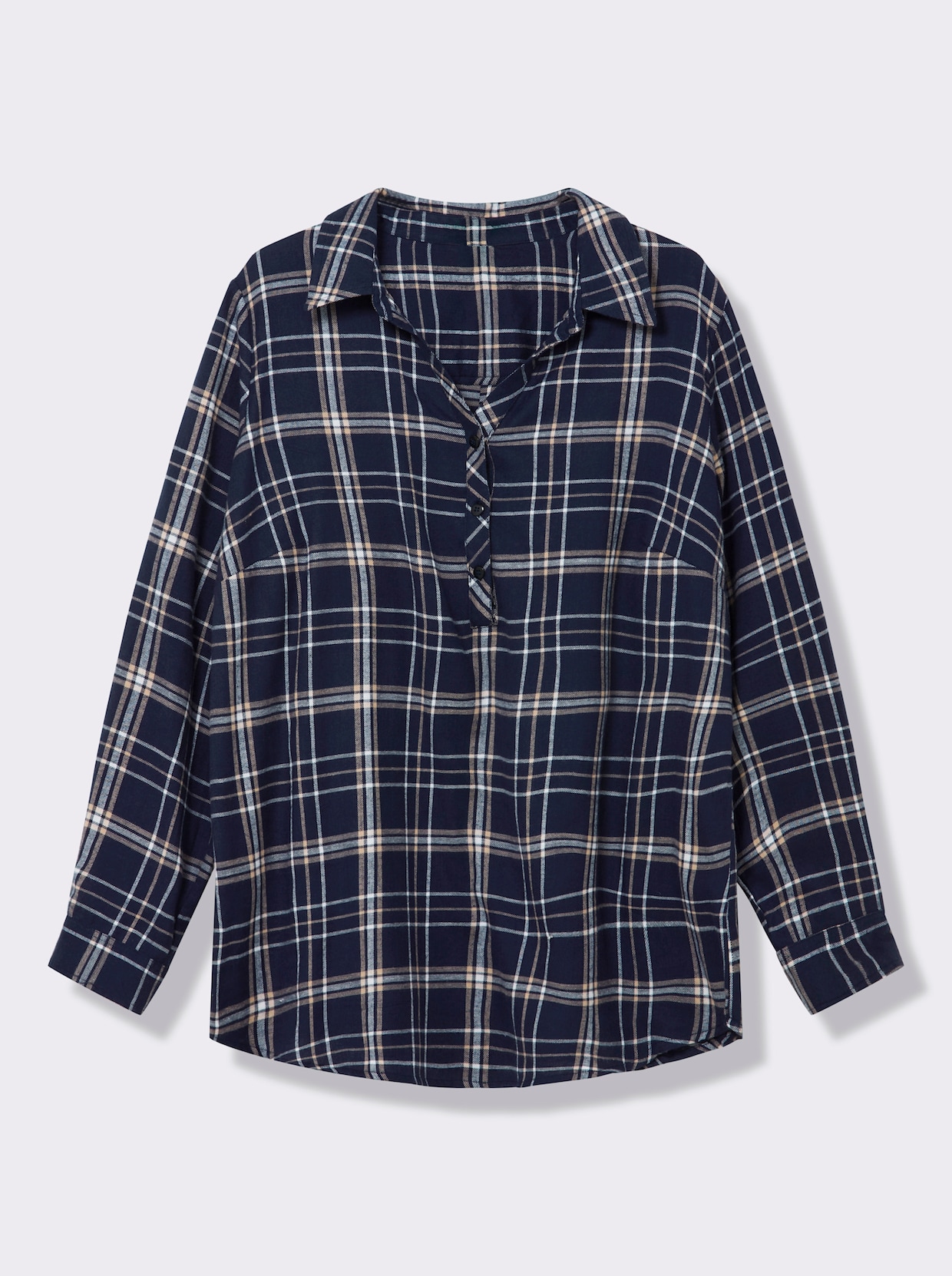 Flanellbluse mit krempelbaren Ärmeln - marine-weiß-kariert