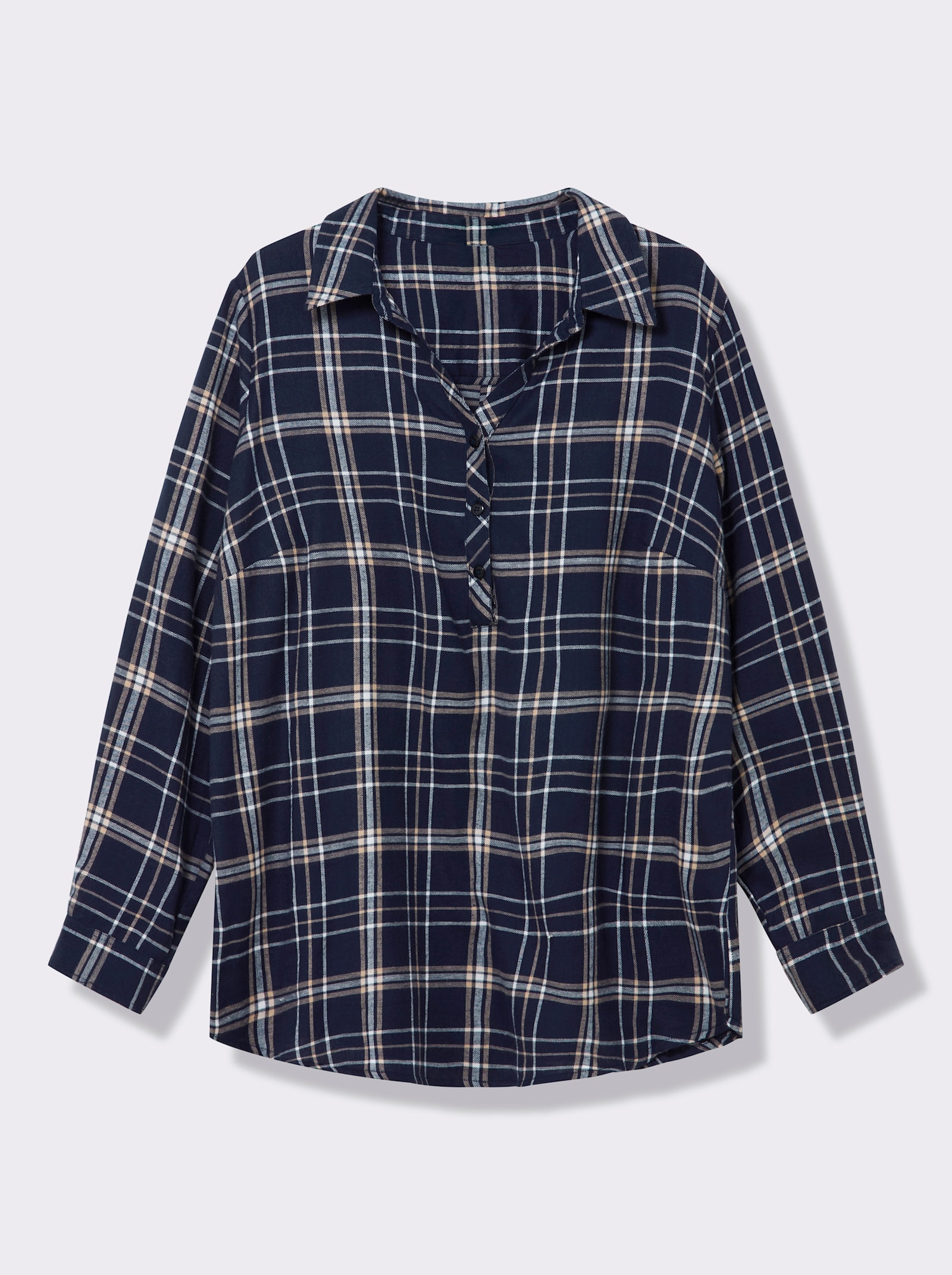 Flanellbluse mit krempelbaren Ärmeln - marine-weiß-kariert