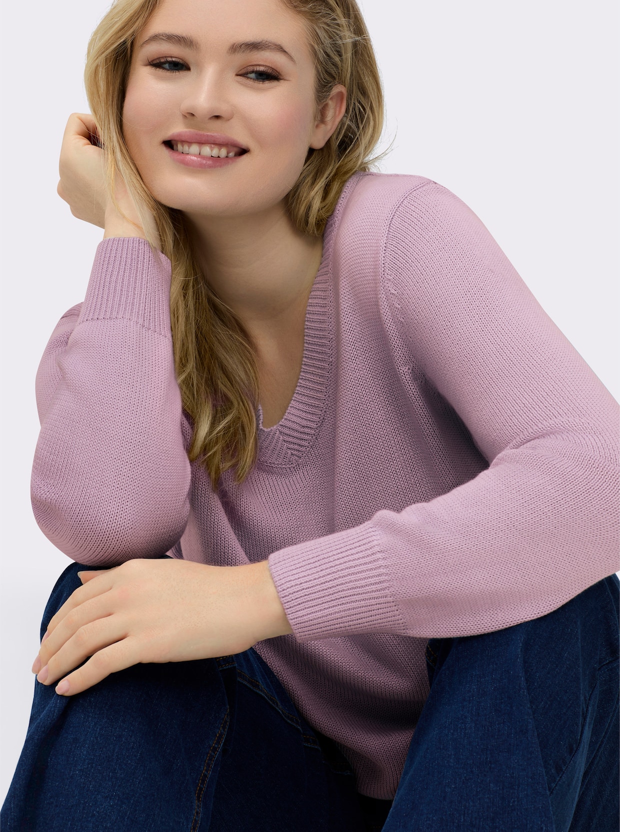 V-Ausschnitt-Pullover mit Baumwolle - altrosé