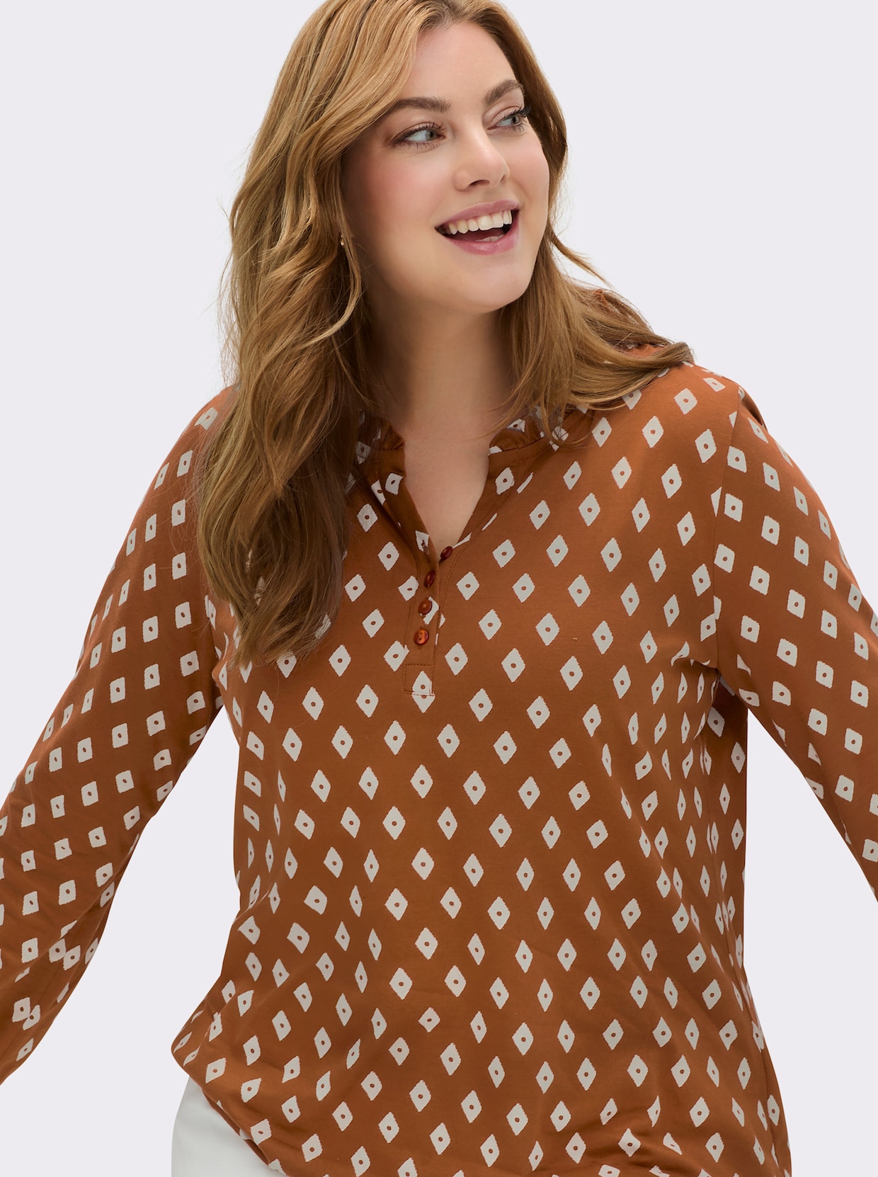 Langarmshirt mit Rüschen am Ausschnitt - cognac-ecru-bedruckt