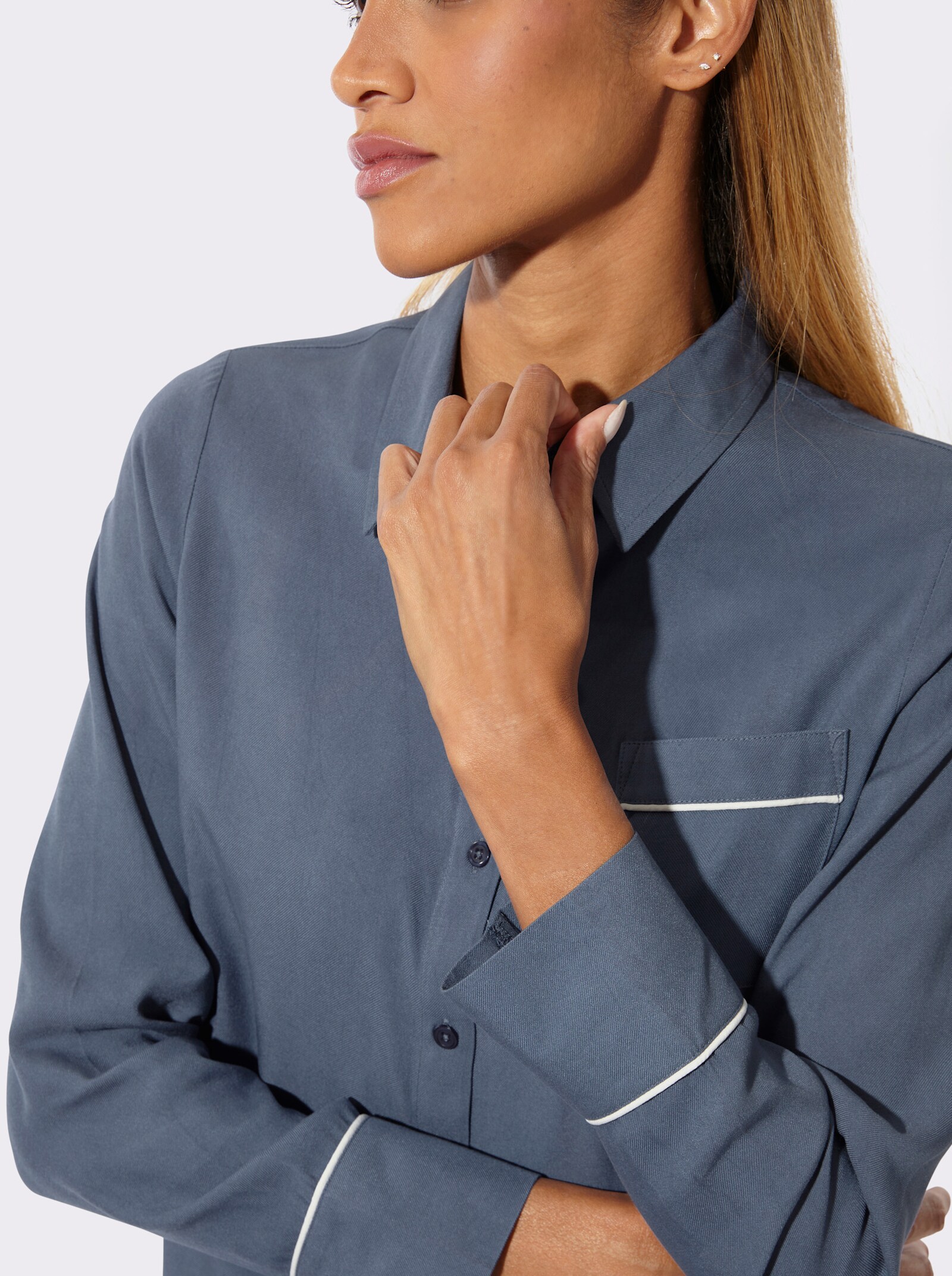 wäschepur Pyjama mit Brusttasche - rauchblau-ecru